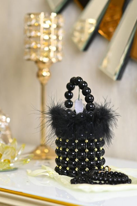 BEADED FAUX FEATHER BUCKET BAG - RajsiPoshak