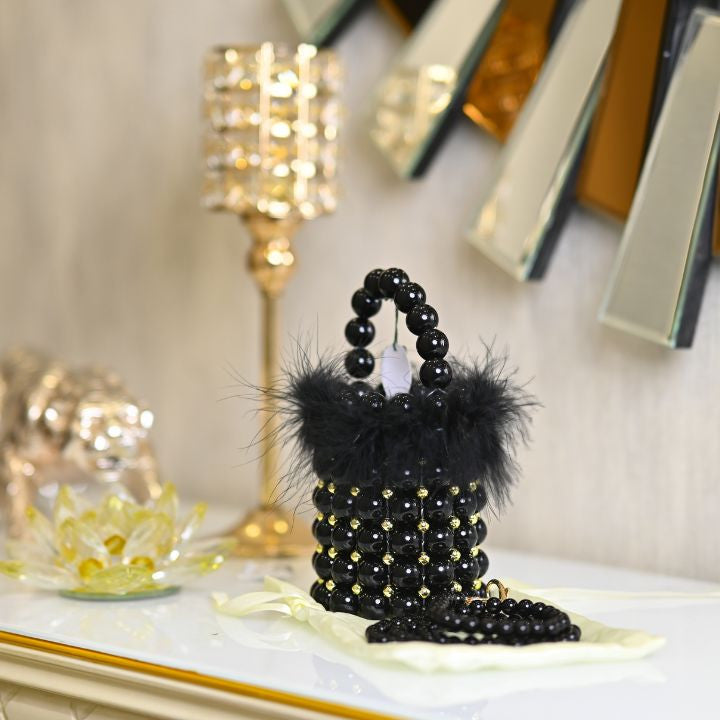 BEADED FAUX FEATHER BUCKET BAG - RajsiPoshak