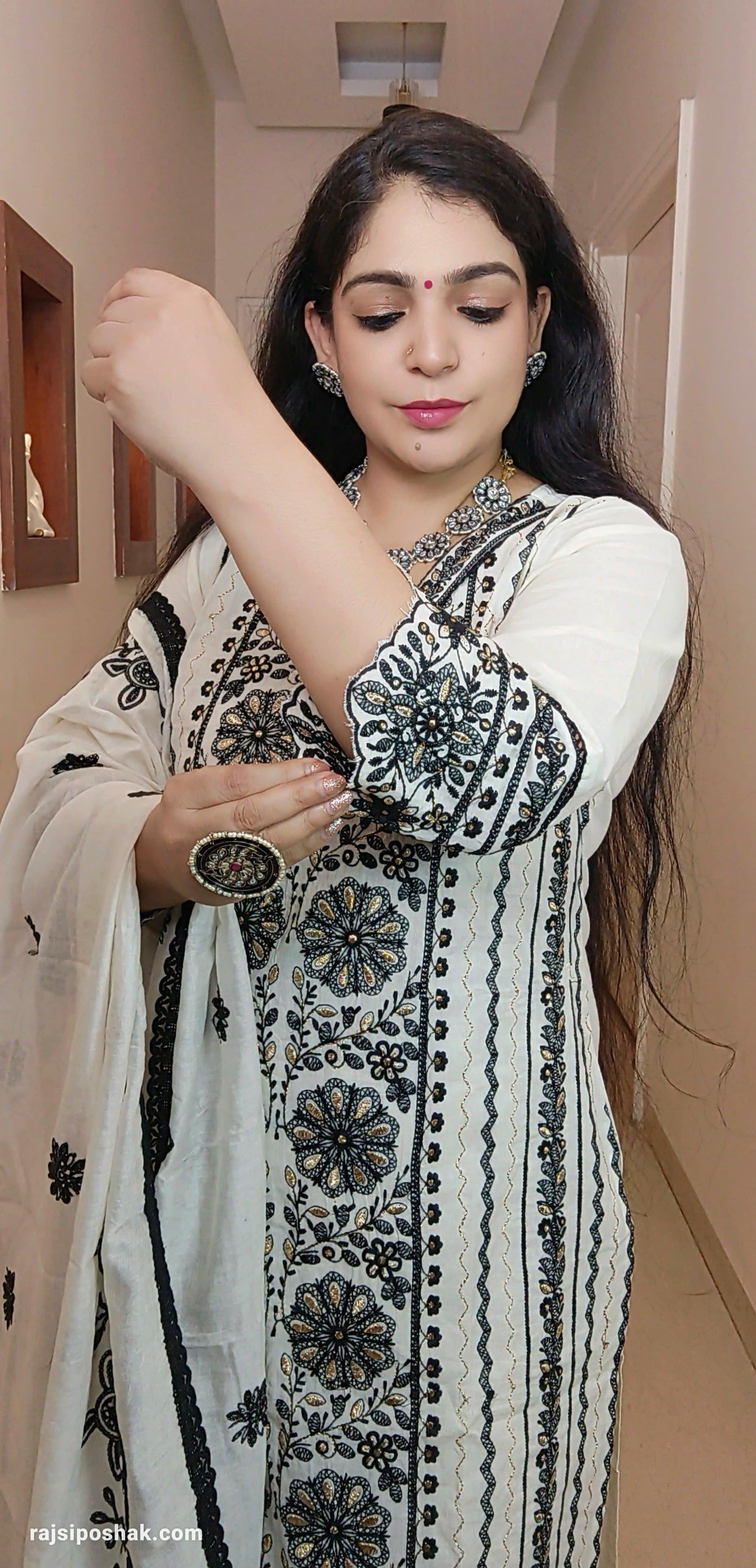 White Cotton Suit with Embroidered dupatta and stylish bottom C070613 - RajsiPoshak