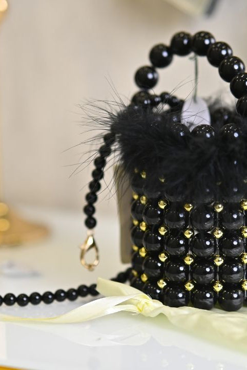 BEADED FAUX FEATHER BUCKET BAG - RajsiPoshak
