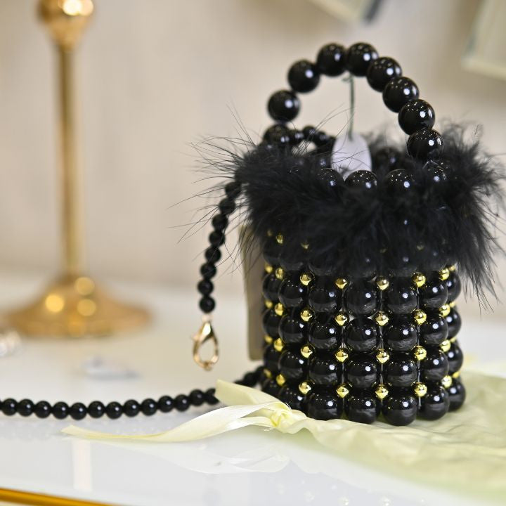 BEADED FAUX FEATHER BUCKET BAG - RajsiPoshak
