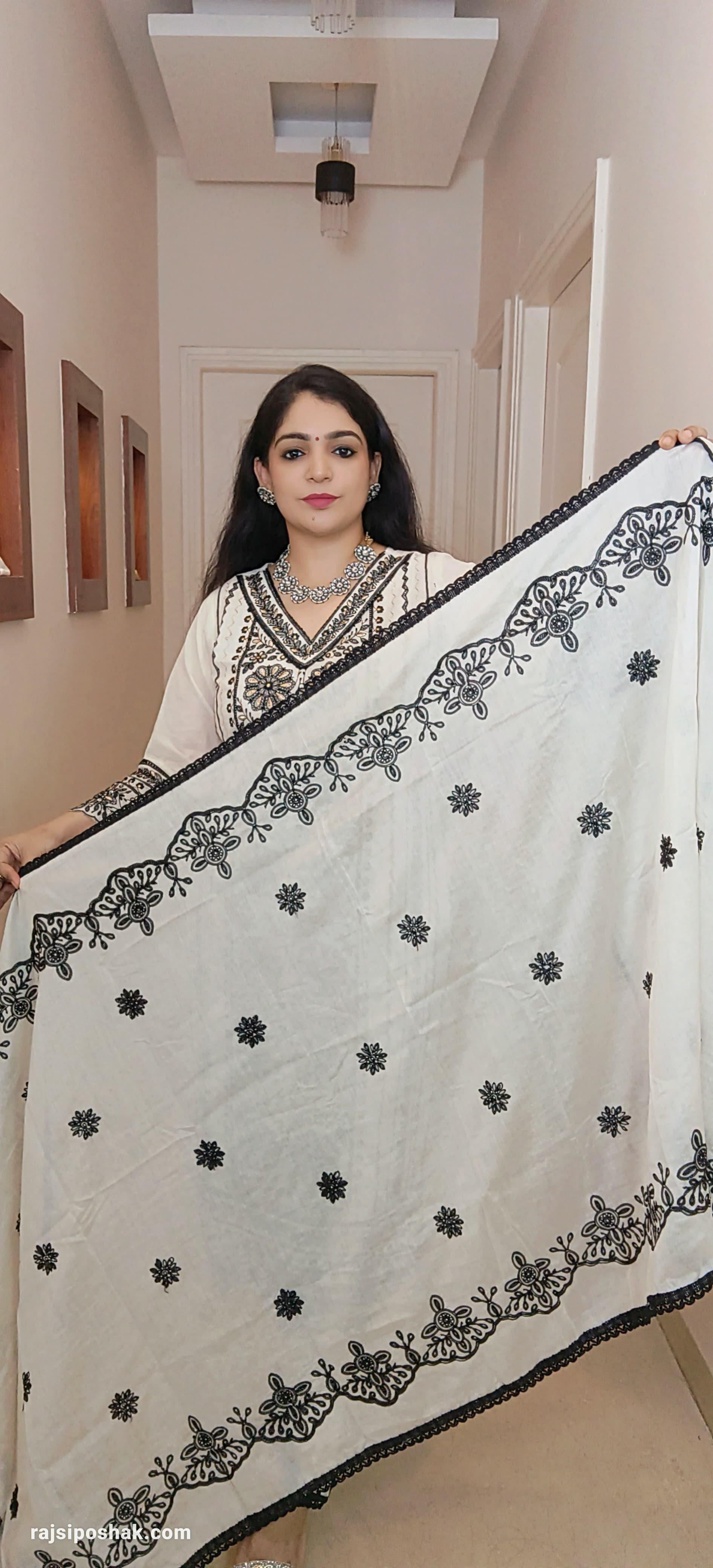 White Cotton Suit with Embroidered dupatta and stylish bottom C070613 - RajsiPoshak