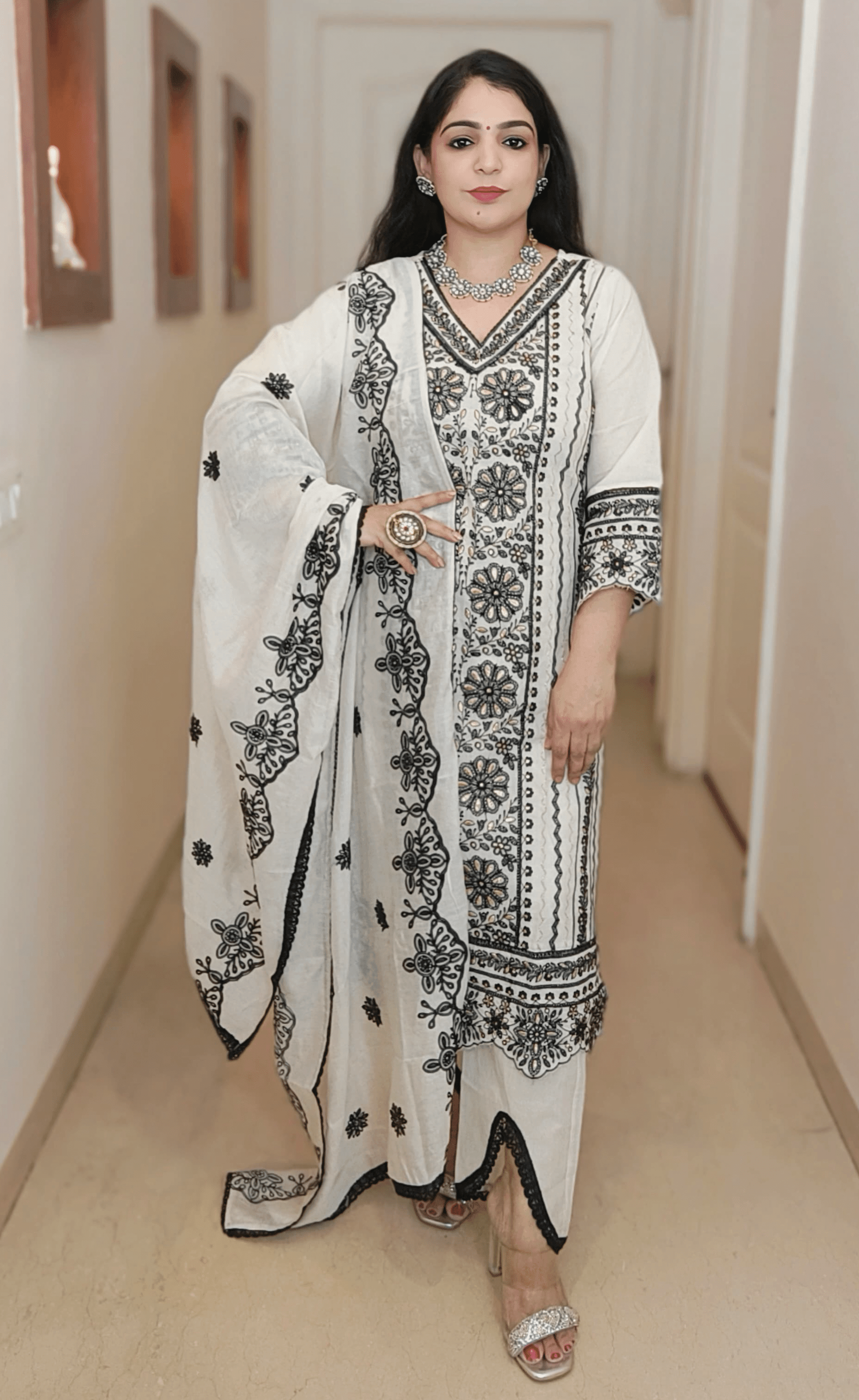 White Cotton Suit with Embroidered dupatta and stylish bottom C070613 - RajsiPoshak