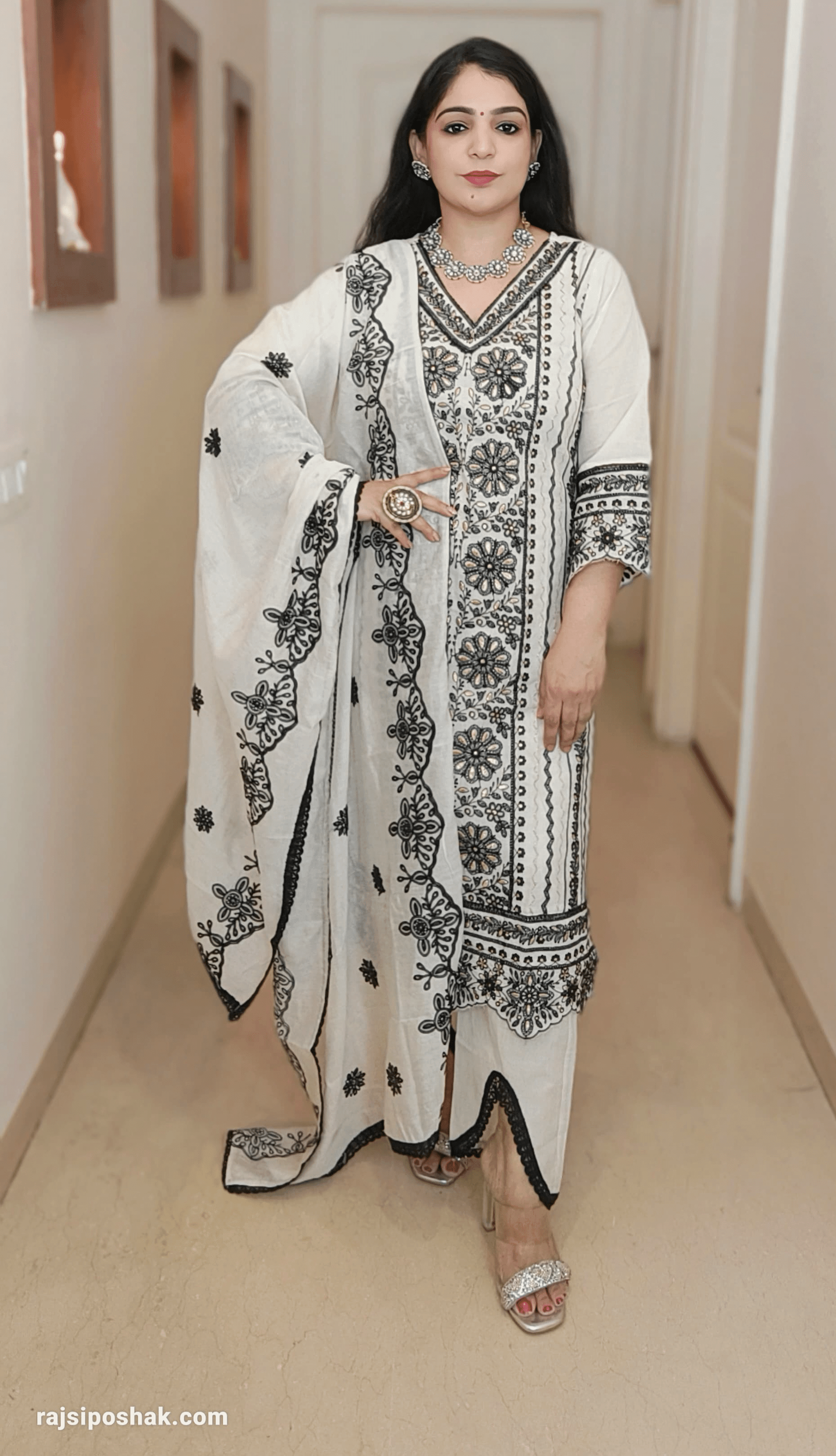 White Cotton Suit with Embroidered dupatta and stylish bottom C070613 - RajsiPoshak