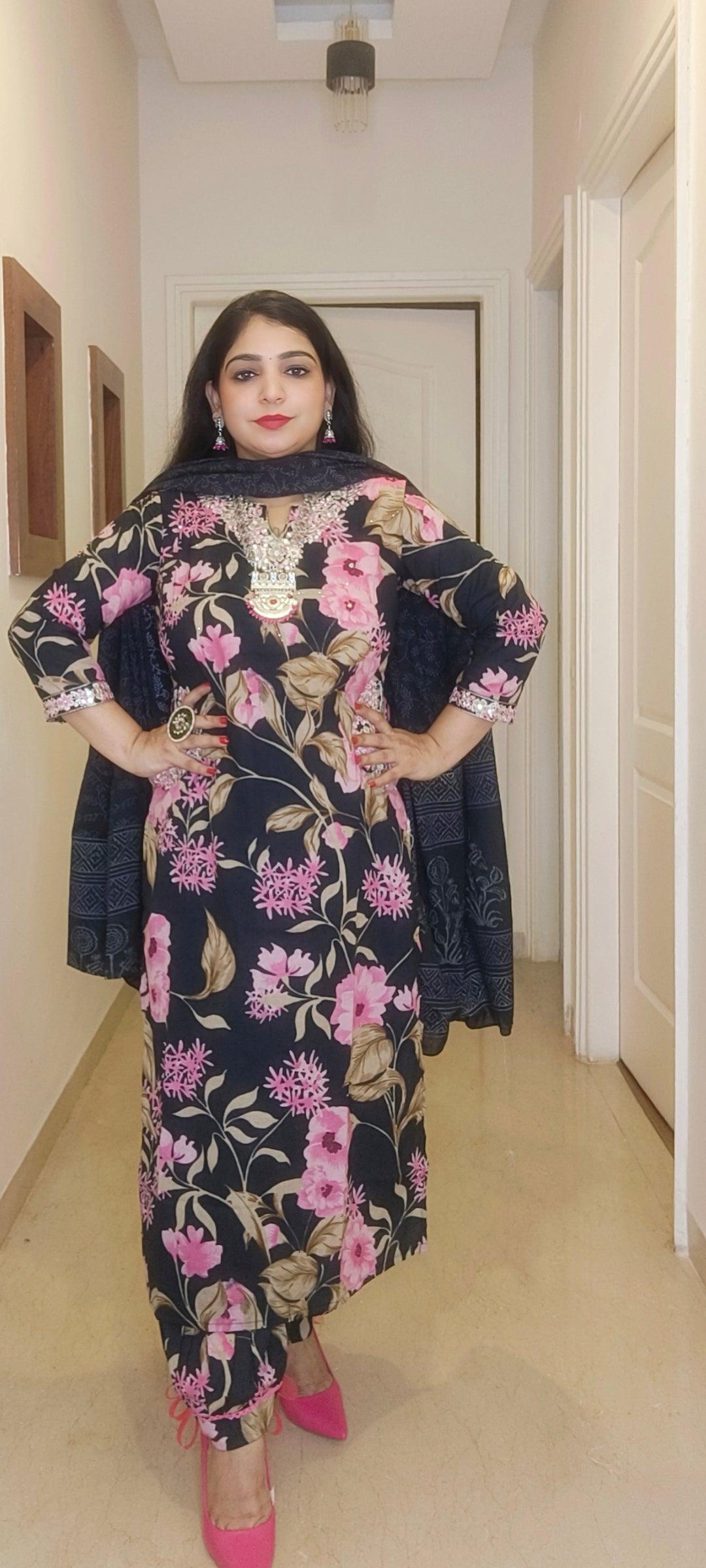BLACK FLORAL PATHANI COTTON SUIT - RajsiPoshak