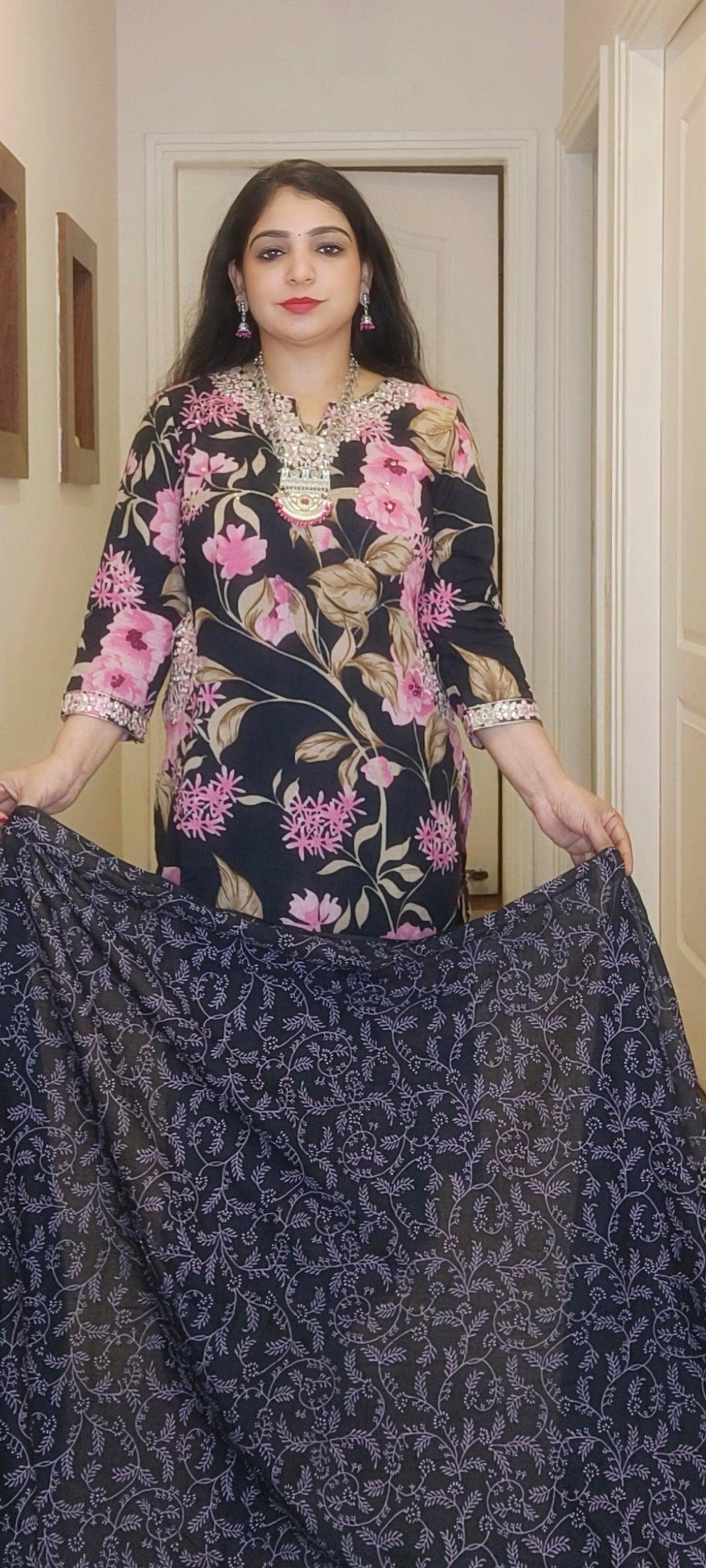 BLACK FLORAL PATHANI COTTON SUIT - RajsiPoshak