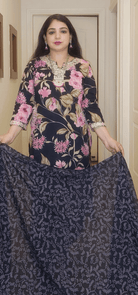 BLACK FLORAL PATHANI COTTON SUIT - RajsiPoshak