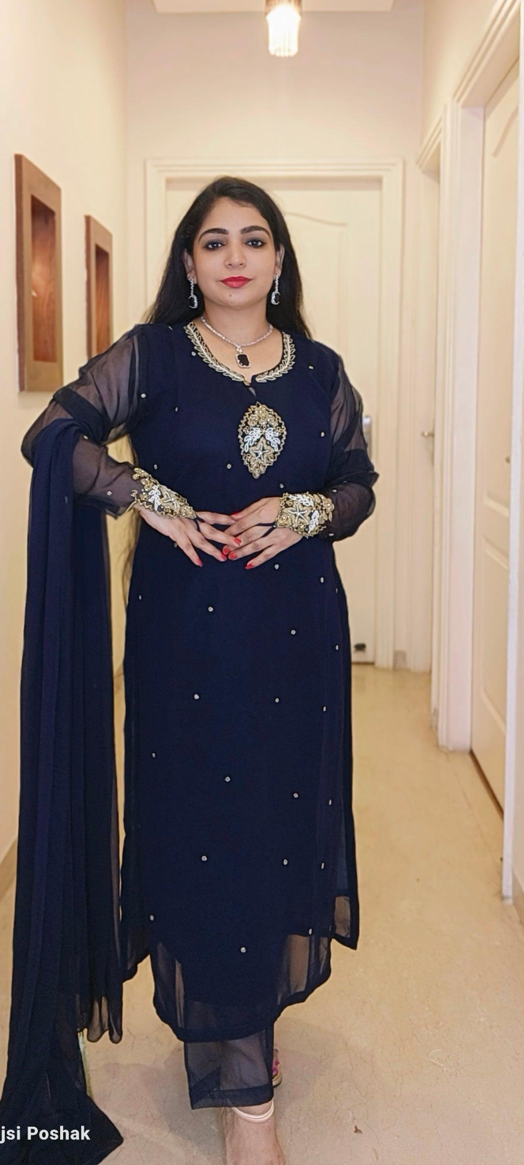 DARK BLUE DESIGNER PARTYWEAR SUIT - RajsiPoshak