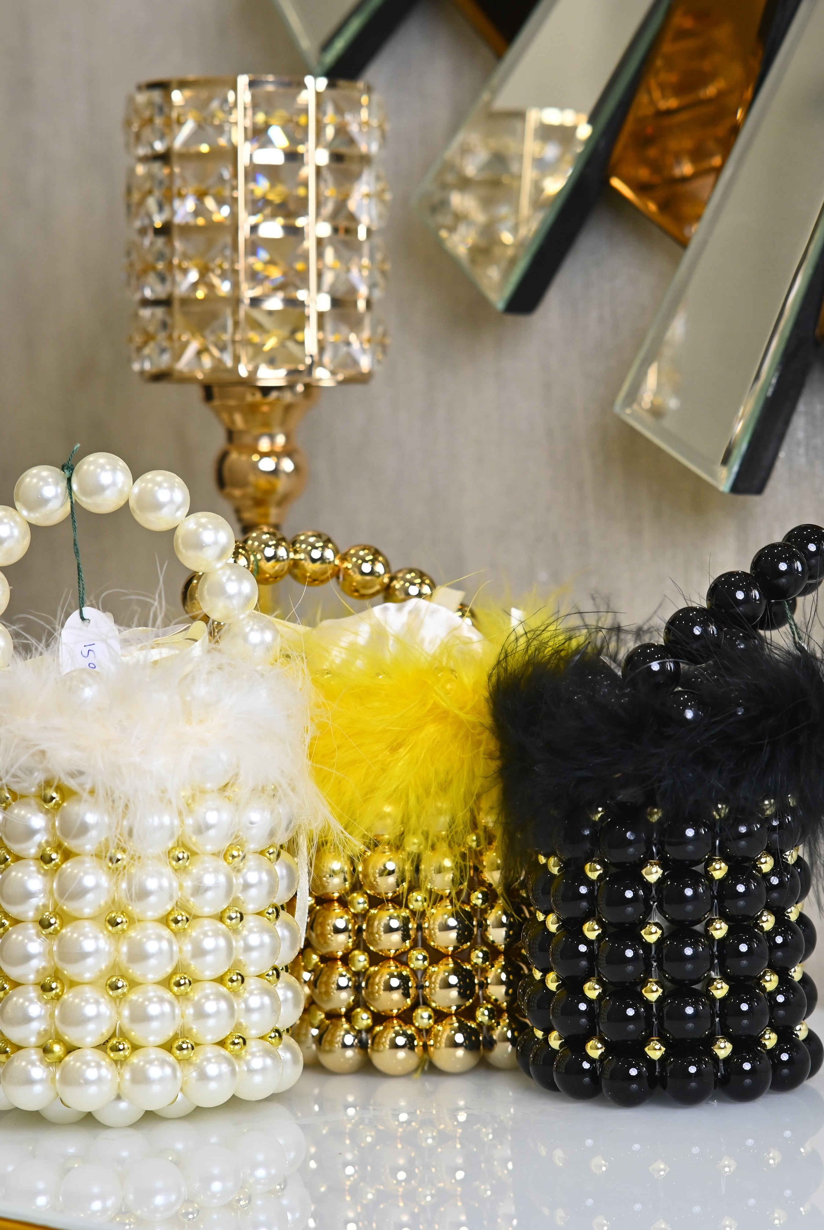 BEADED FAUX FEATHER BUCKET BAG - RajsiPoshak