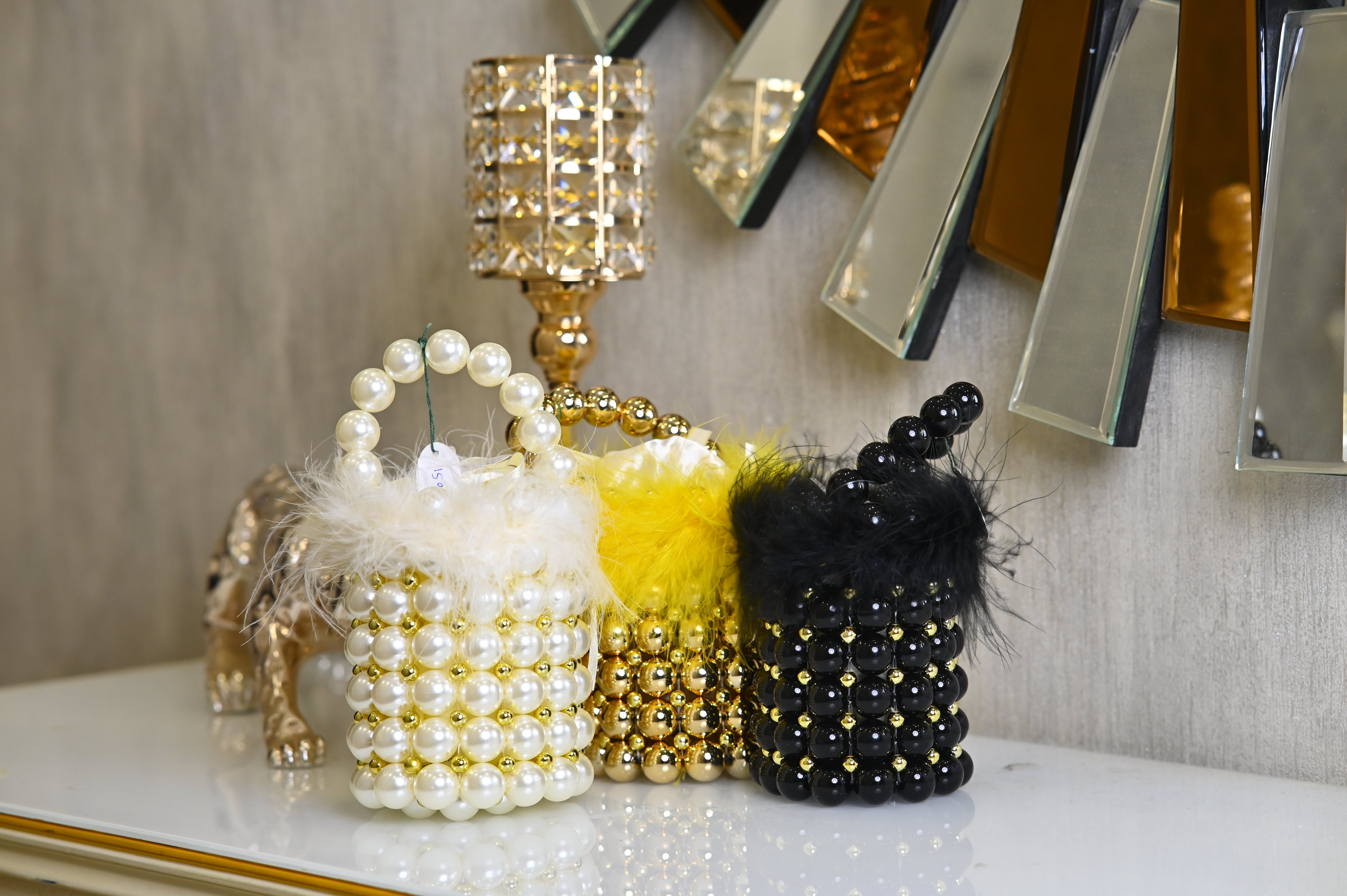 BEADED FAUX FEATHER BUCKET BAG - RajsiPoshak