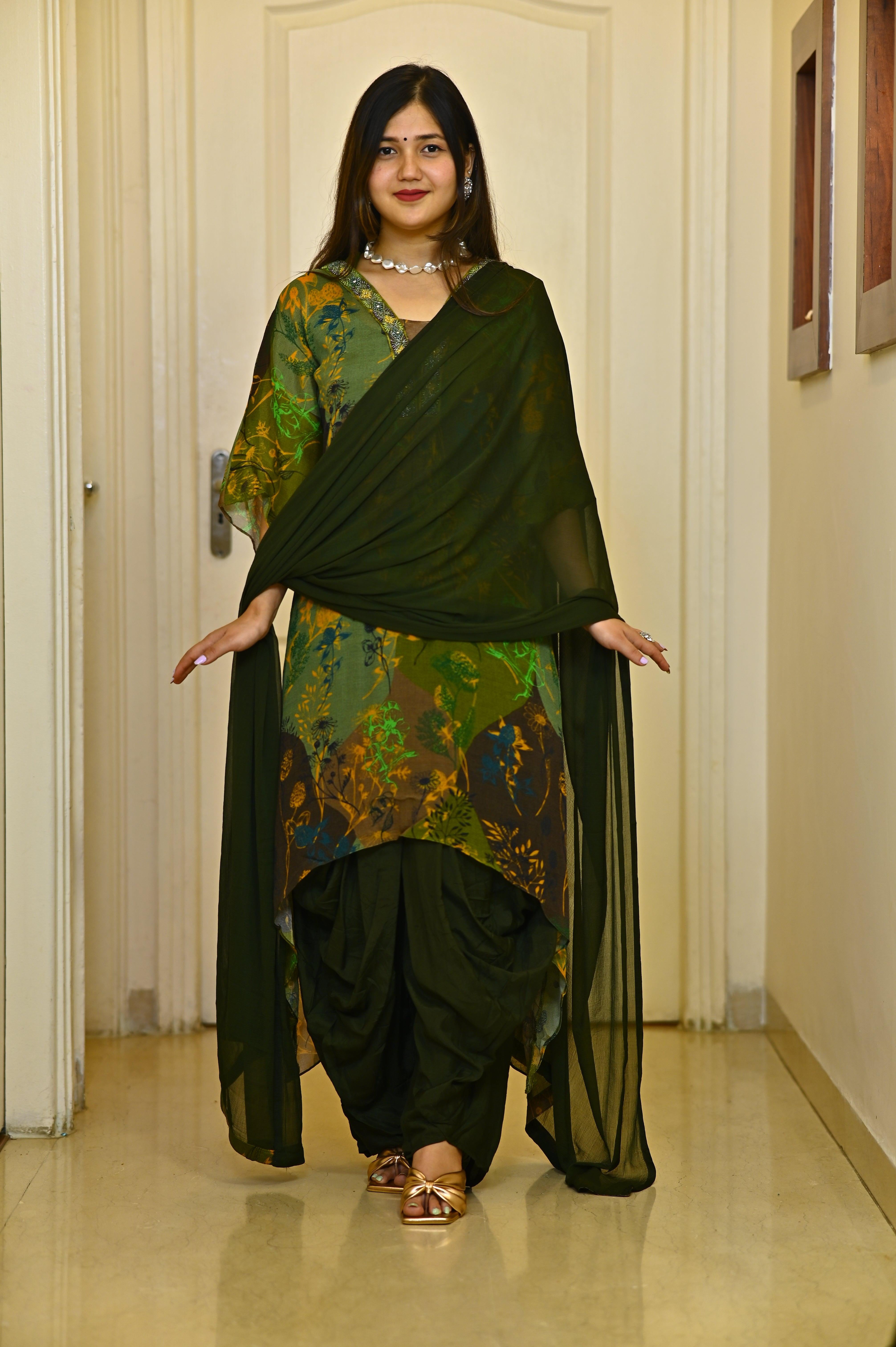 BOTTLE GREEN CHINON SUIT WITH DHOTI PANTS - RajsiPoshak