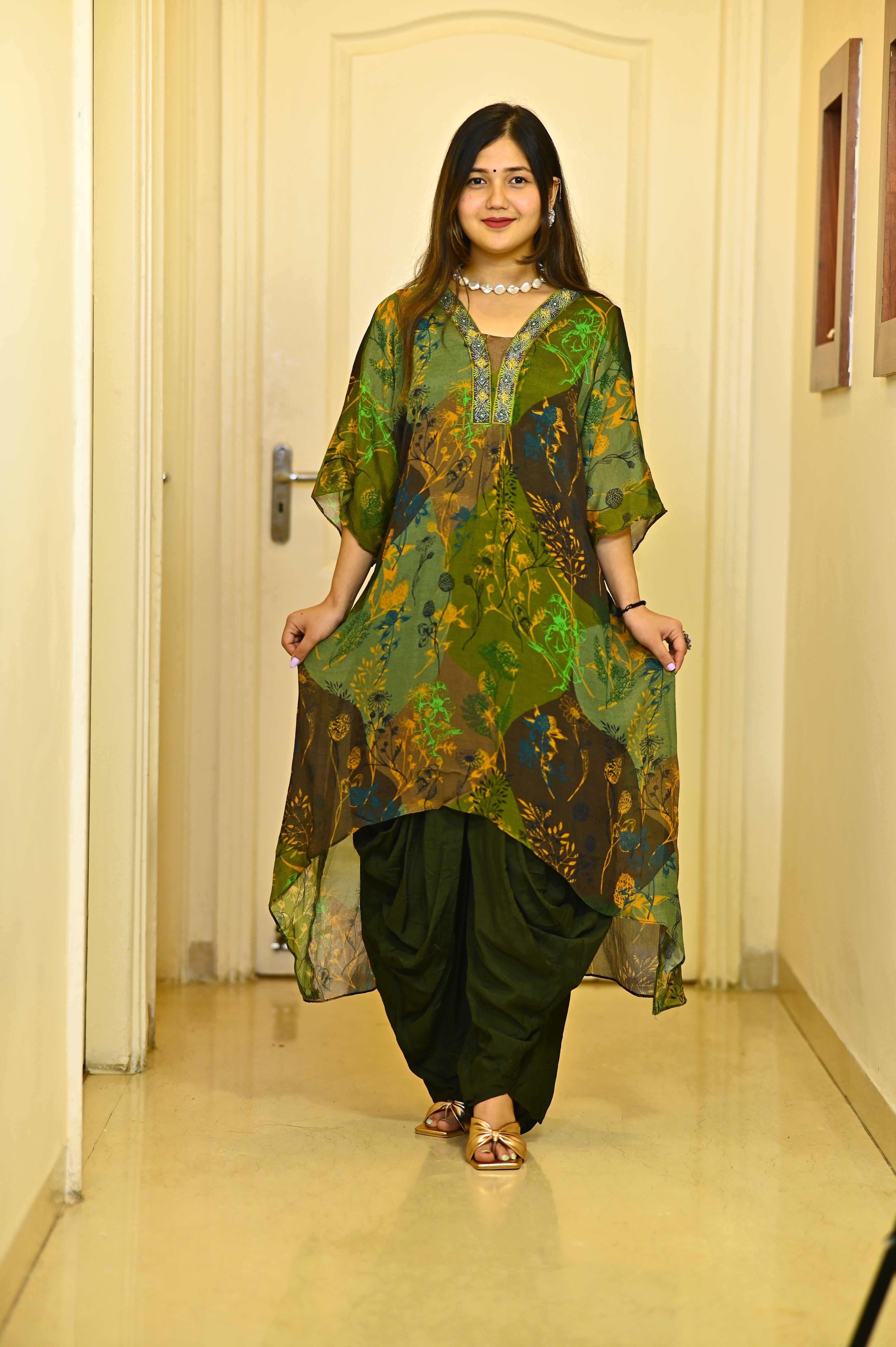 BOTTLE GREEN CHINON SUIT WITH DHOTI PANTS - RajsiPoshak