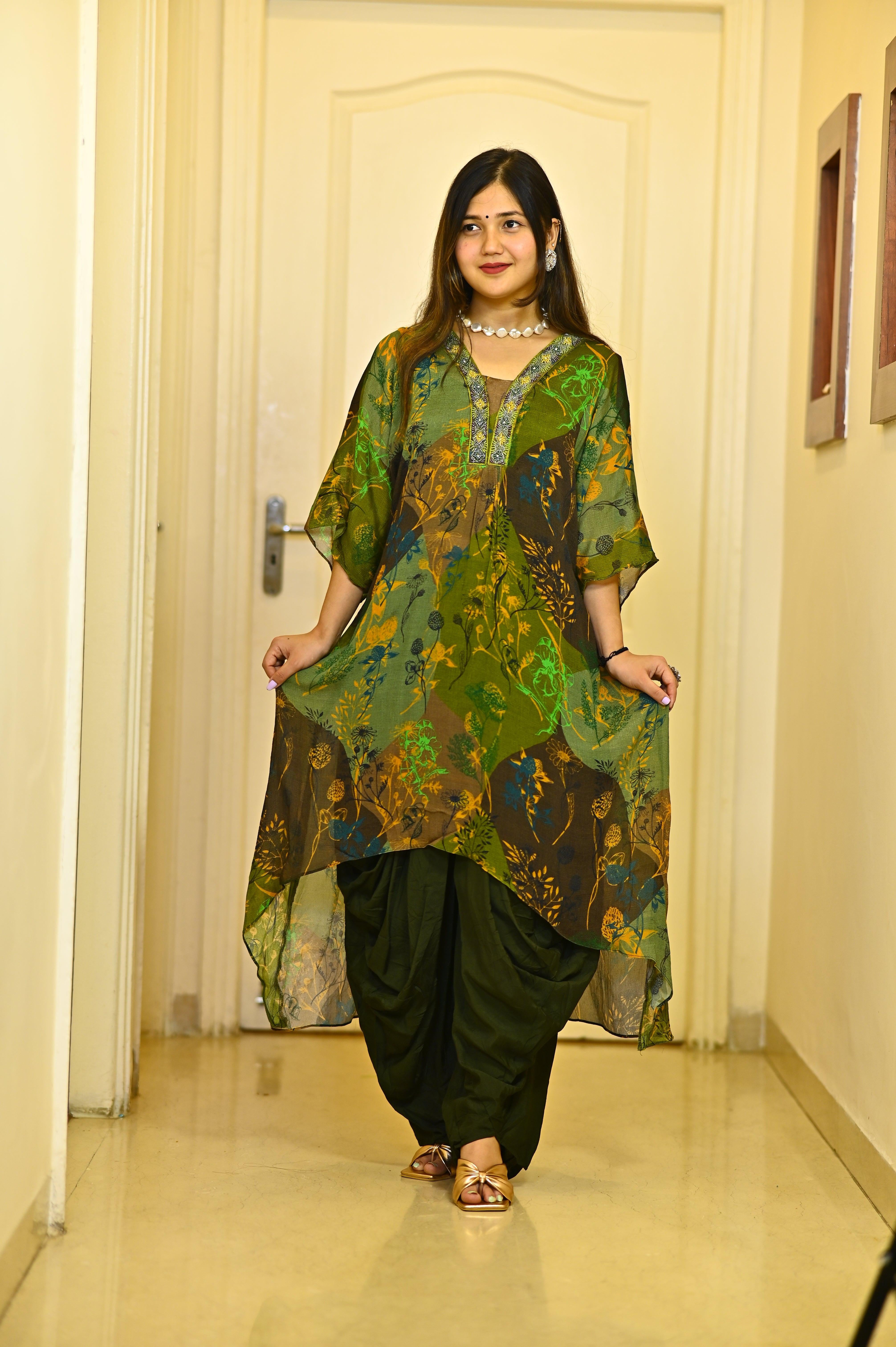 BOTTLE GREEN CHINON SUIT WITH DHOTI PANTS - RajsiPoshak