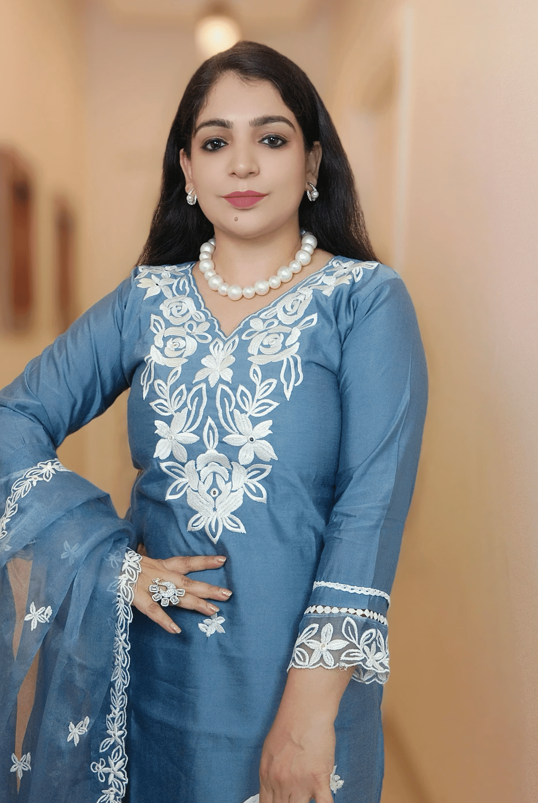 POWDER BLUE SILK EMBROIDERED SUIT with Lining & ORGANZA Duppatta C070611 - RajsiPoshak