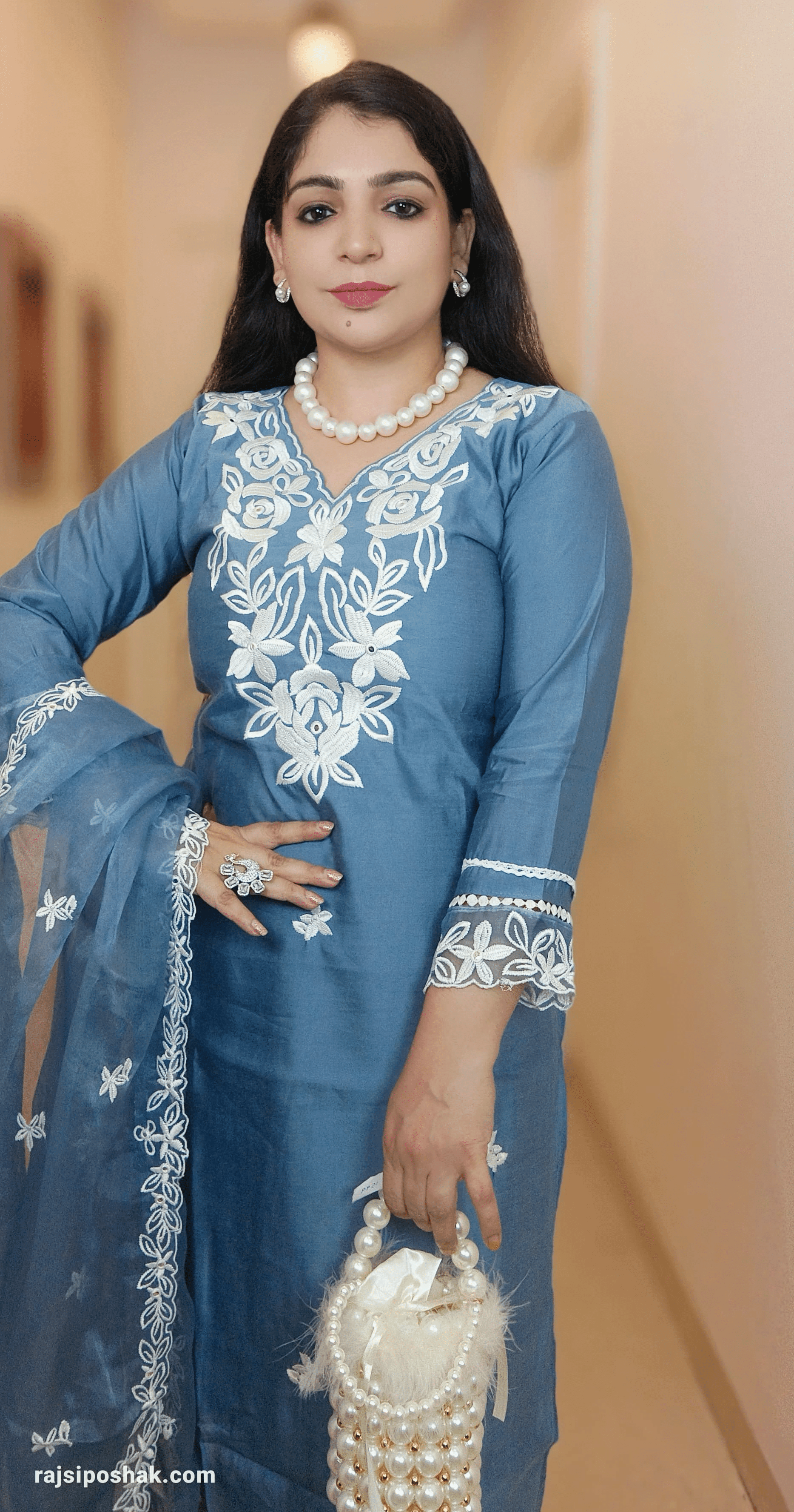 POWDER BLUE SILK EMBROIDERED SUIT with Lining & ORGANZA Duppatta C070611 - RajsiPoshak