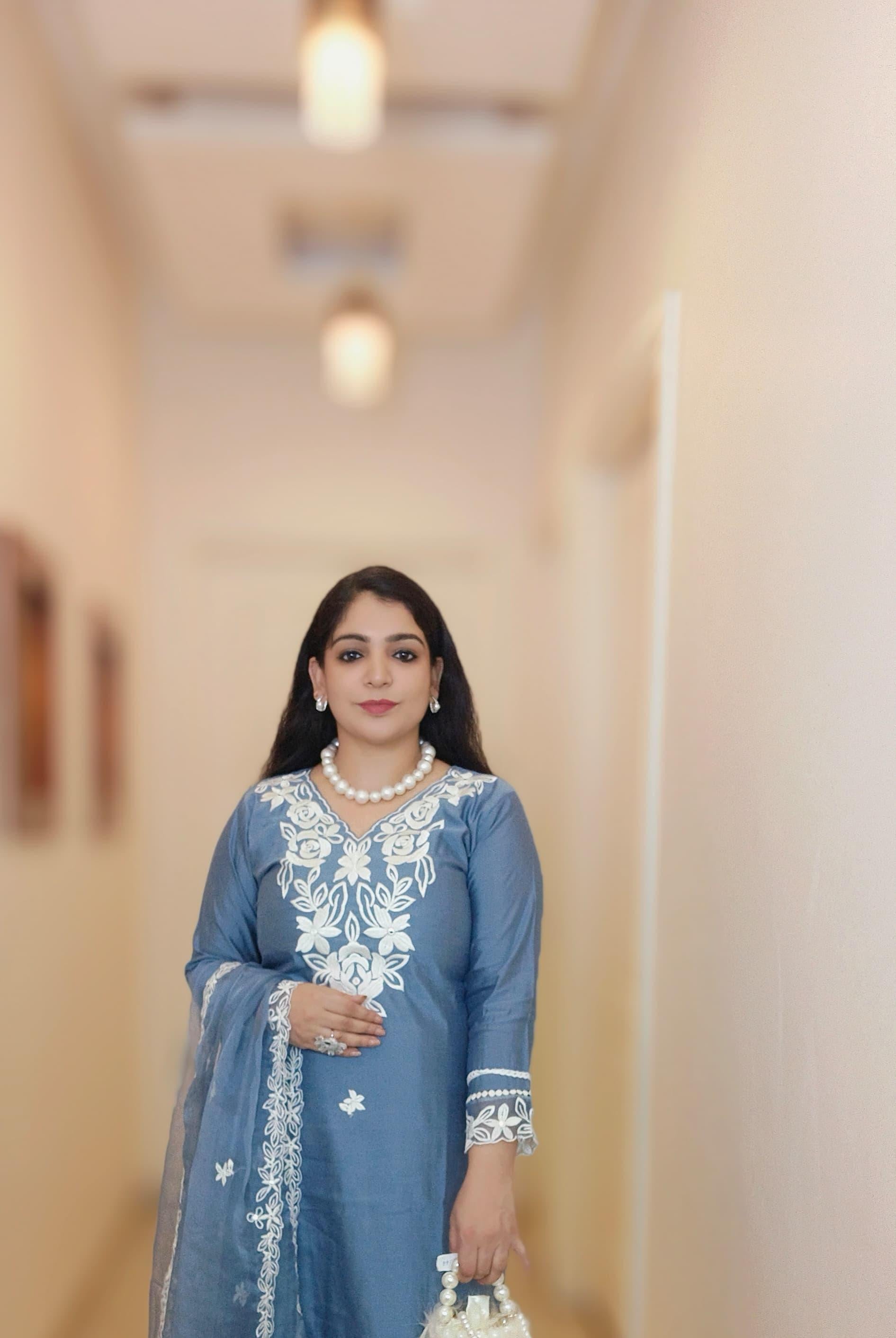 POWDER BLUE SILK EMBROIDERED SUIT with Lining & ORGANZA Duppatta C070611 - RajsiPoshak