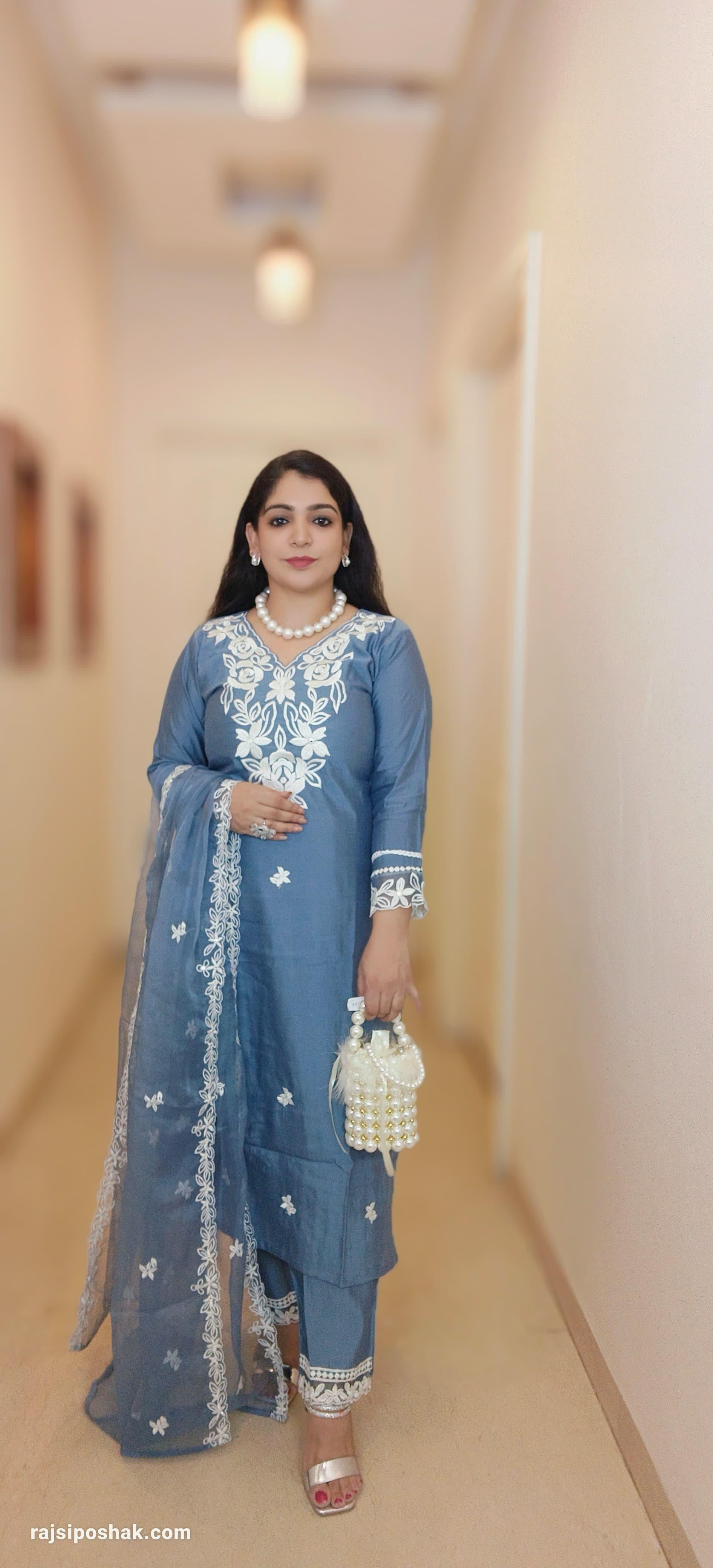 POWDER BLUE SILK EMBROIDERED SUIT with Lining & ORGANZA Duppatta C070611 - RajsiPoshak