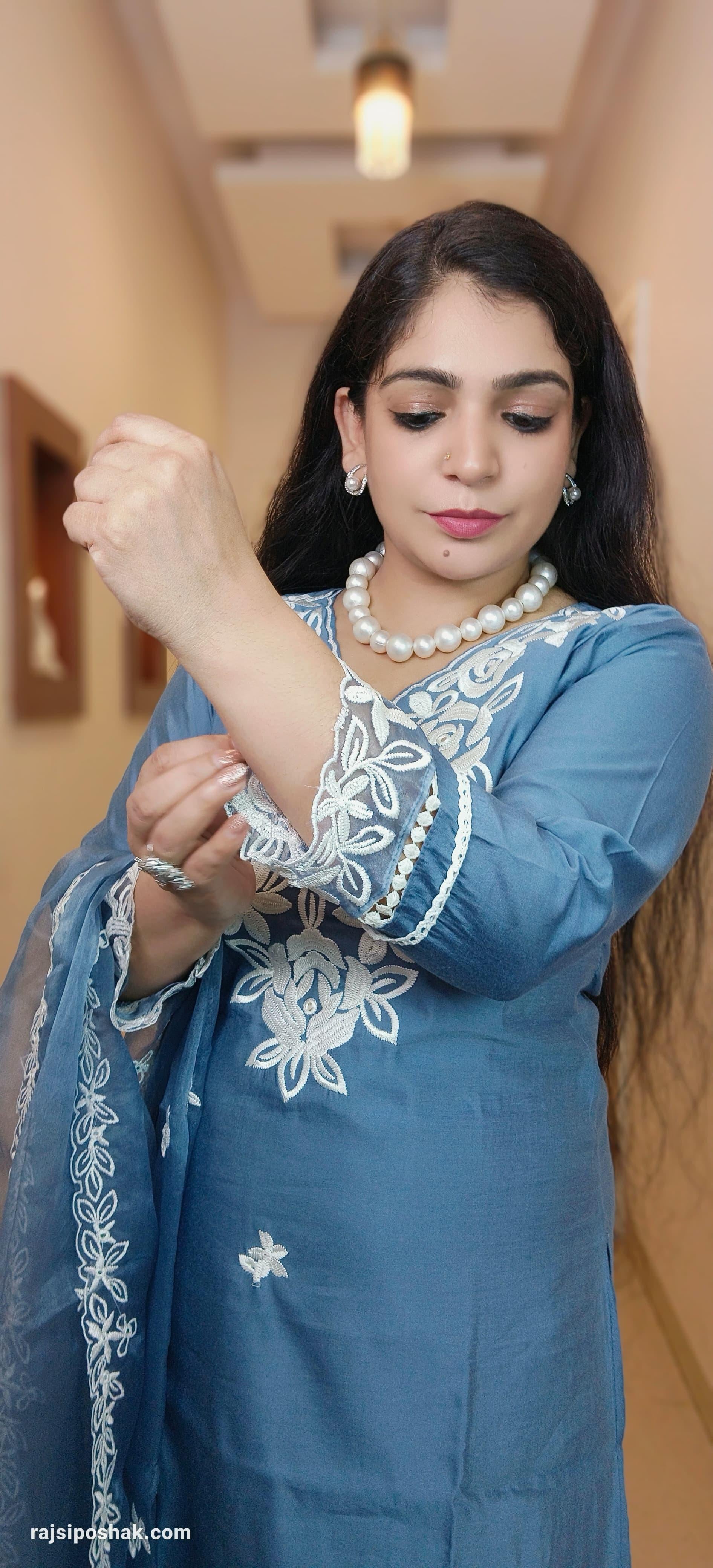 POWDER BLUE SILK EMBROIDERED SUIT with Lining & ORGANZA Duppatta C070611 - RajsiPoshak