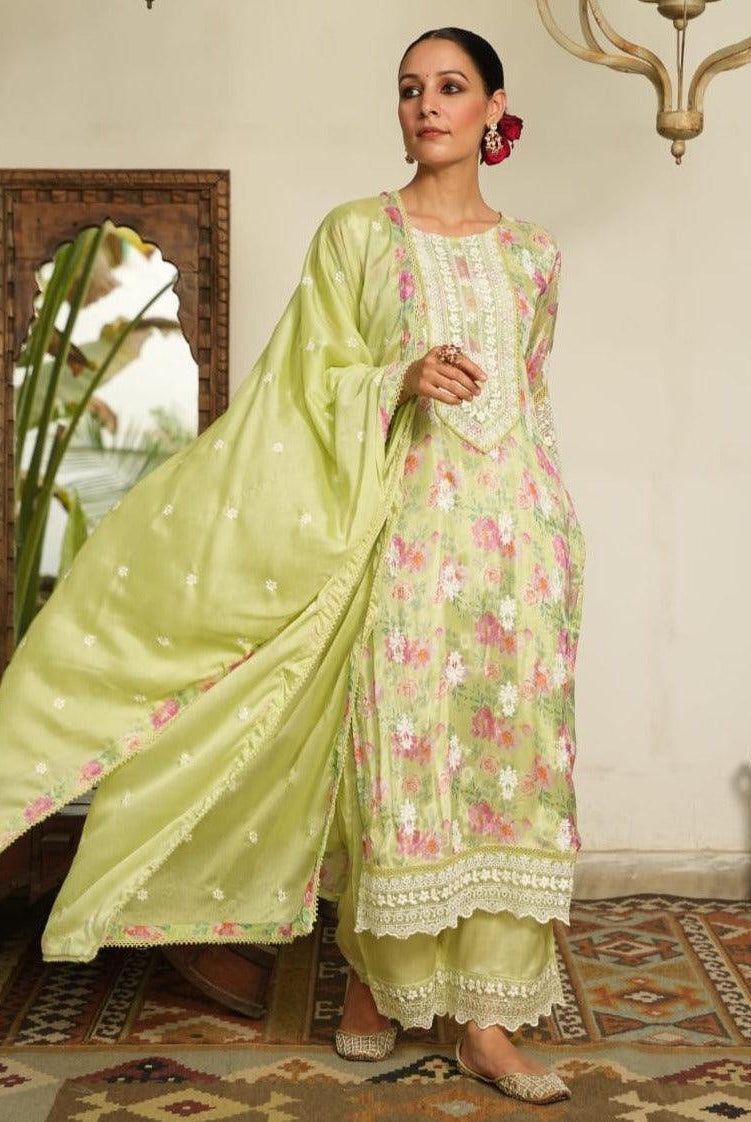 PINK & PISTA GREEN PARTY WEAR CHINON FABRIC SUIT - RajsiPoshak