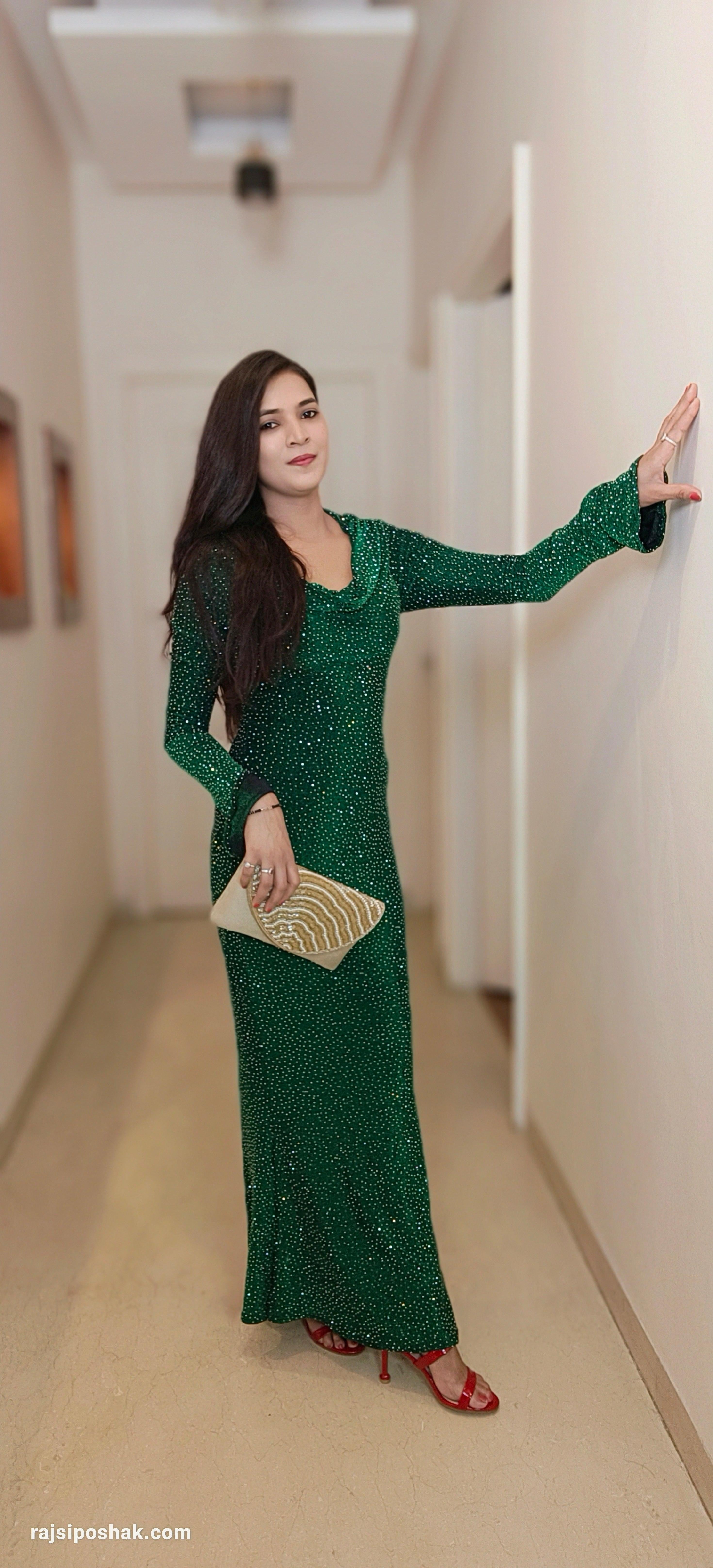 BOTTLE GREEN IMPORTED FABRIC PARTY WEAR STRETCHABLE DRESS - RajsiPoshak