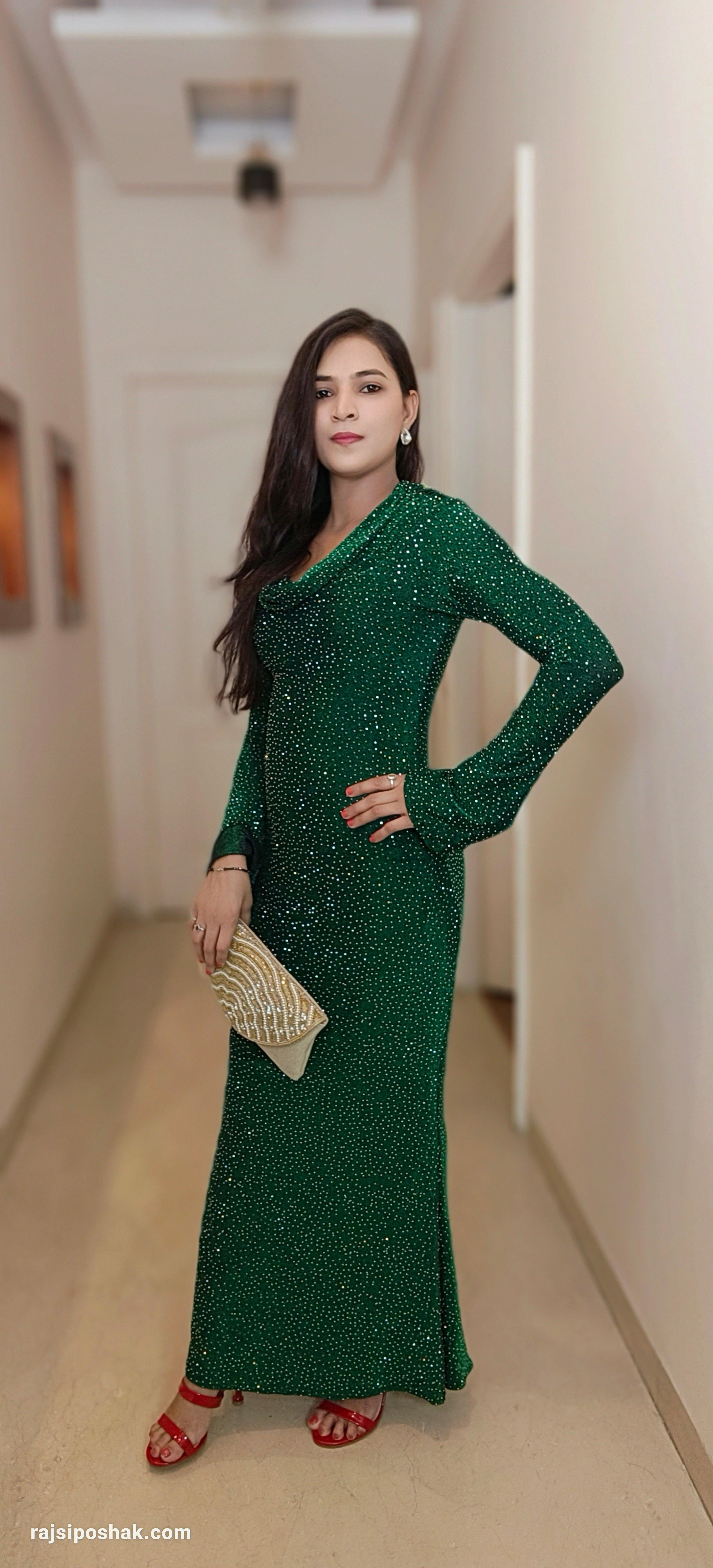 BOTTLE GREEN IMPORTED FABRIC PARTY WEAR STRETCHABLE DRESS - RajsiPoshak