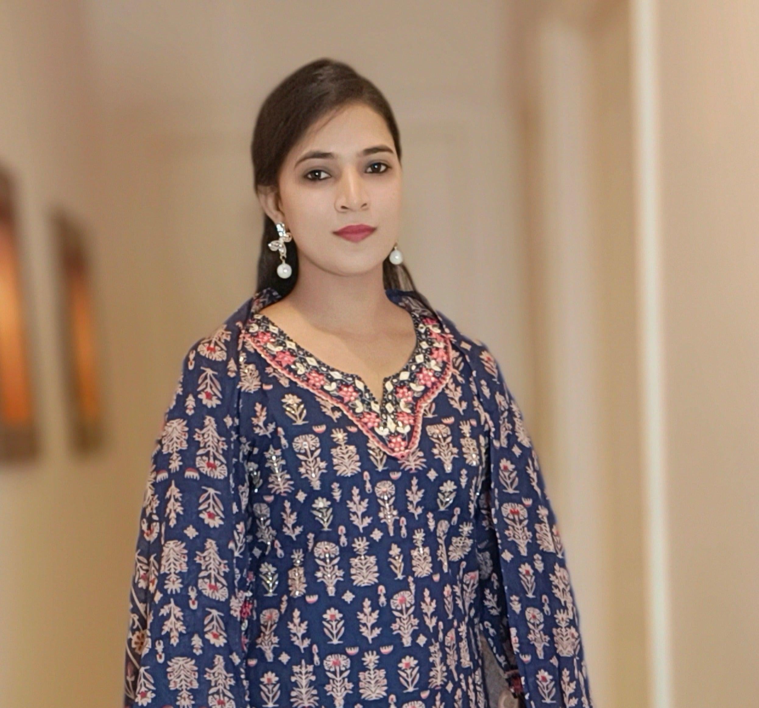 BLUE FLORAL PRINTED 3 PC COTTON SUIT - RajsiPoshak