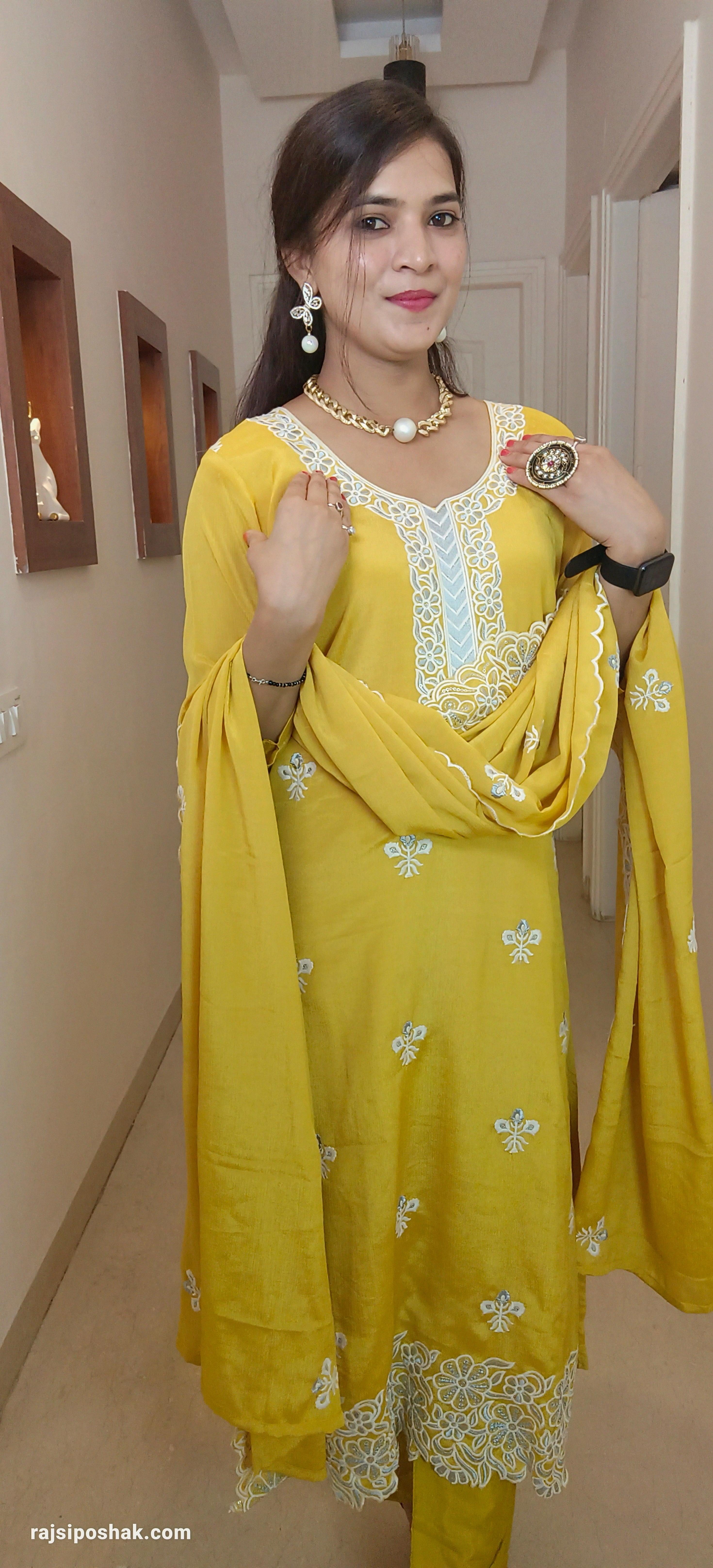 YELLOW CHINON EMBROIDERED 3 PC SUIT - RajsiPoshak