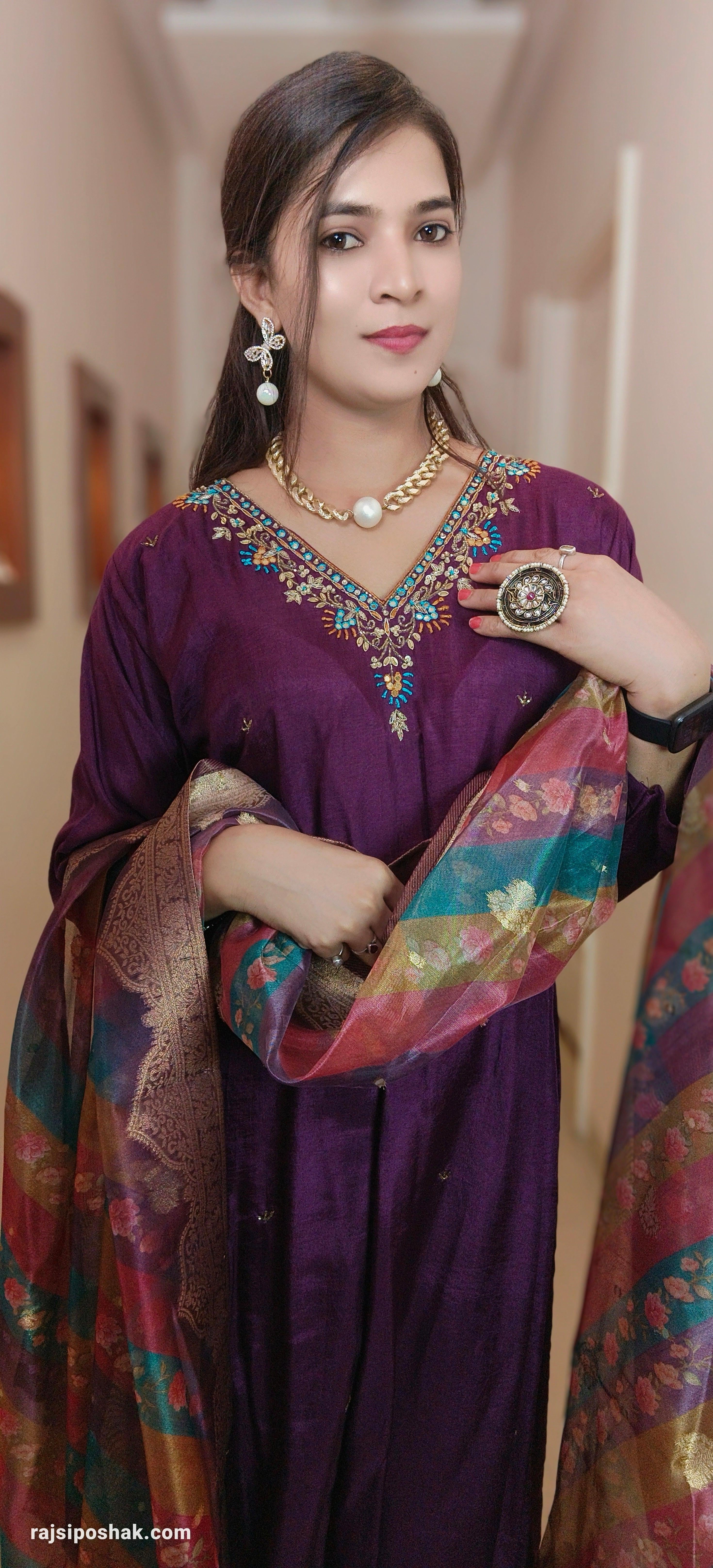 WINE SILK SUIT with BANARASI ORGANZA Dupatta - RajsiPoshak