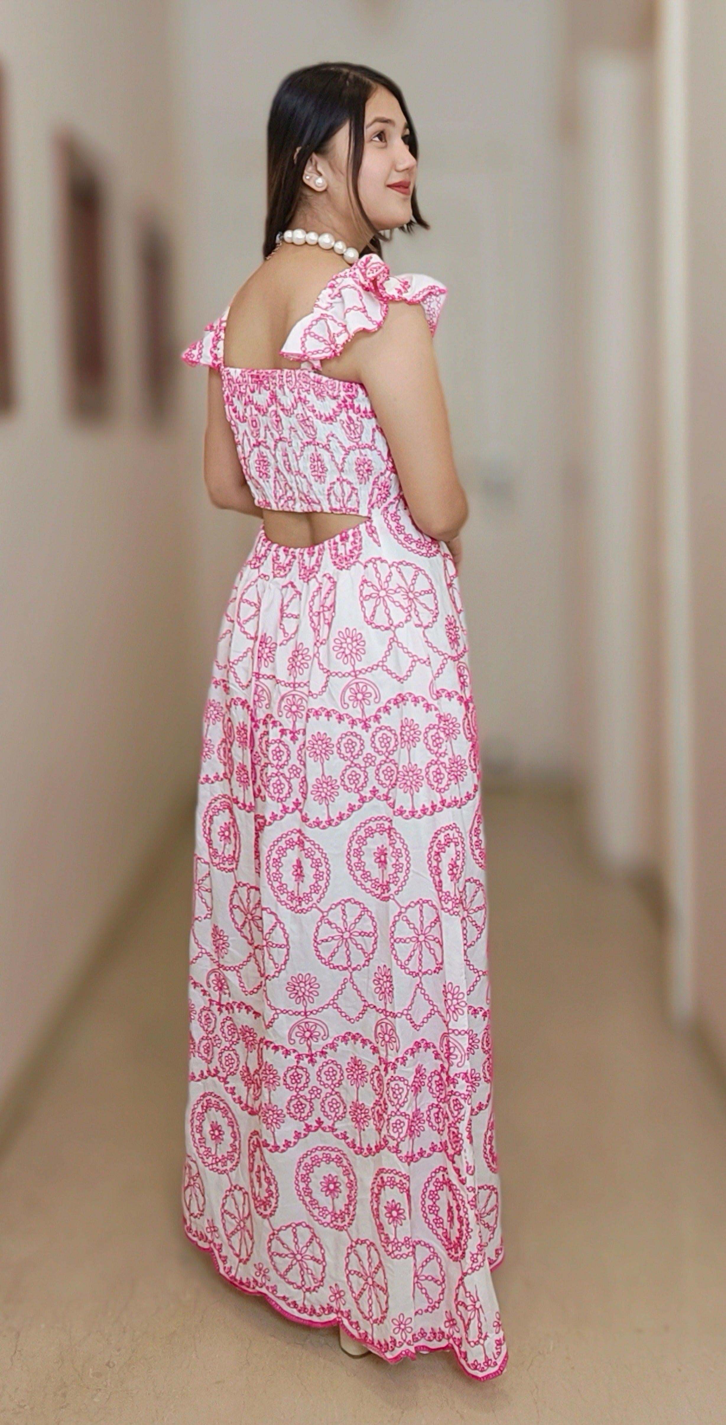 PINK & WHITE COTTON LONG DRESS - RajsiPoshak