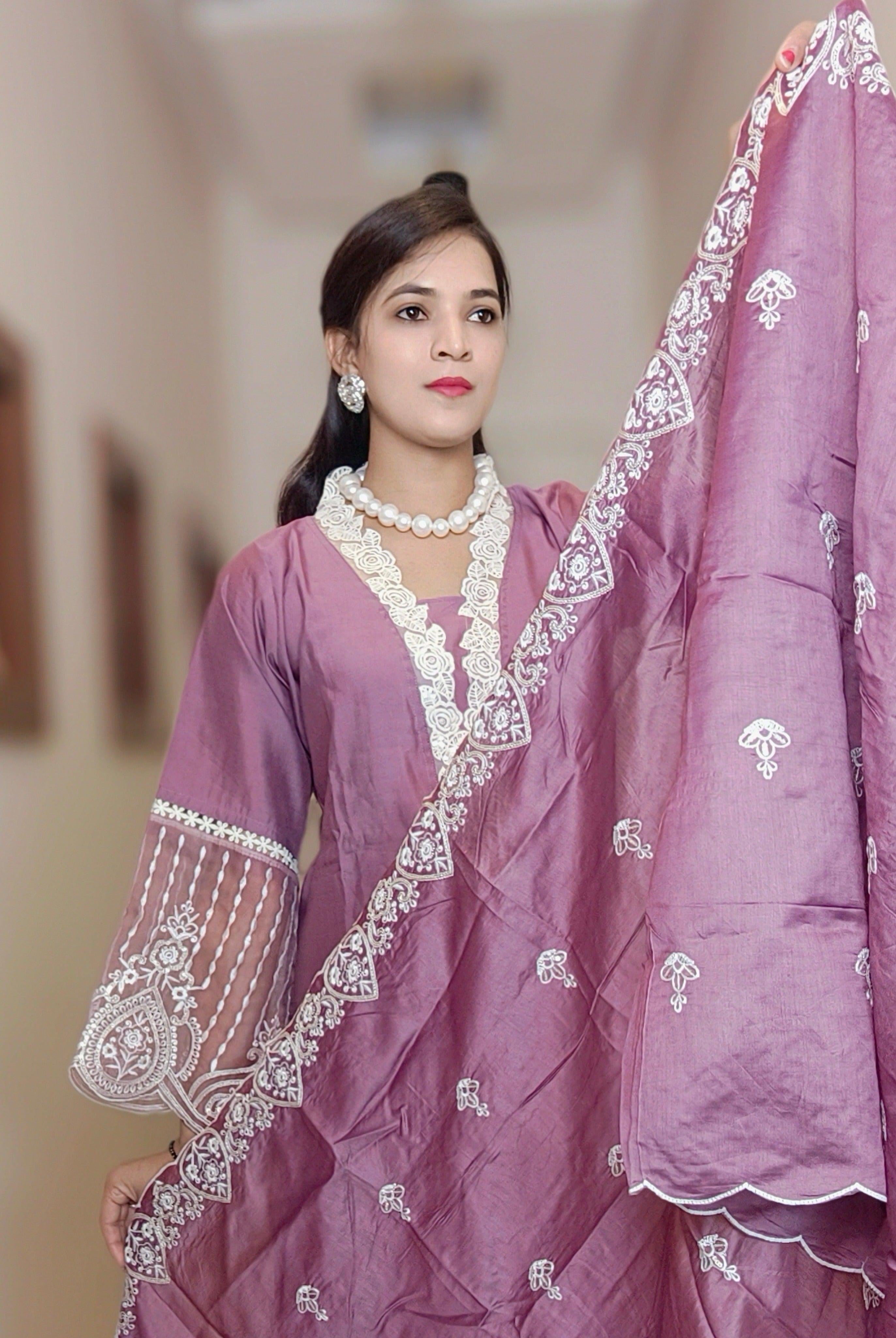 PURPLE EMBROIDERED RUSSIAN SILK SUIT - RajsiPoshak