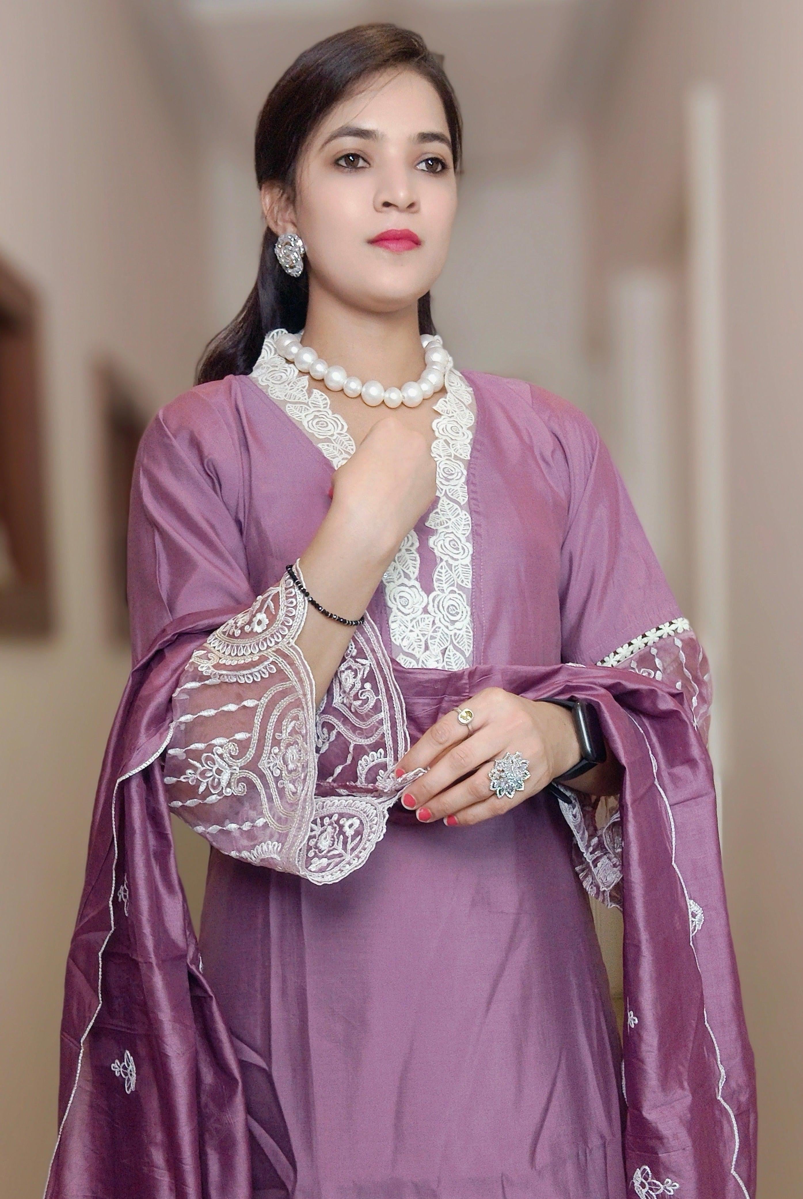 PURPLE EMBROIDERED RUSSIAN SILK SUIT - RajsiPoshak