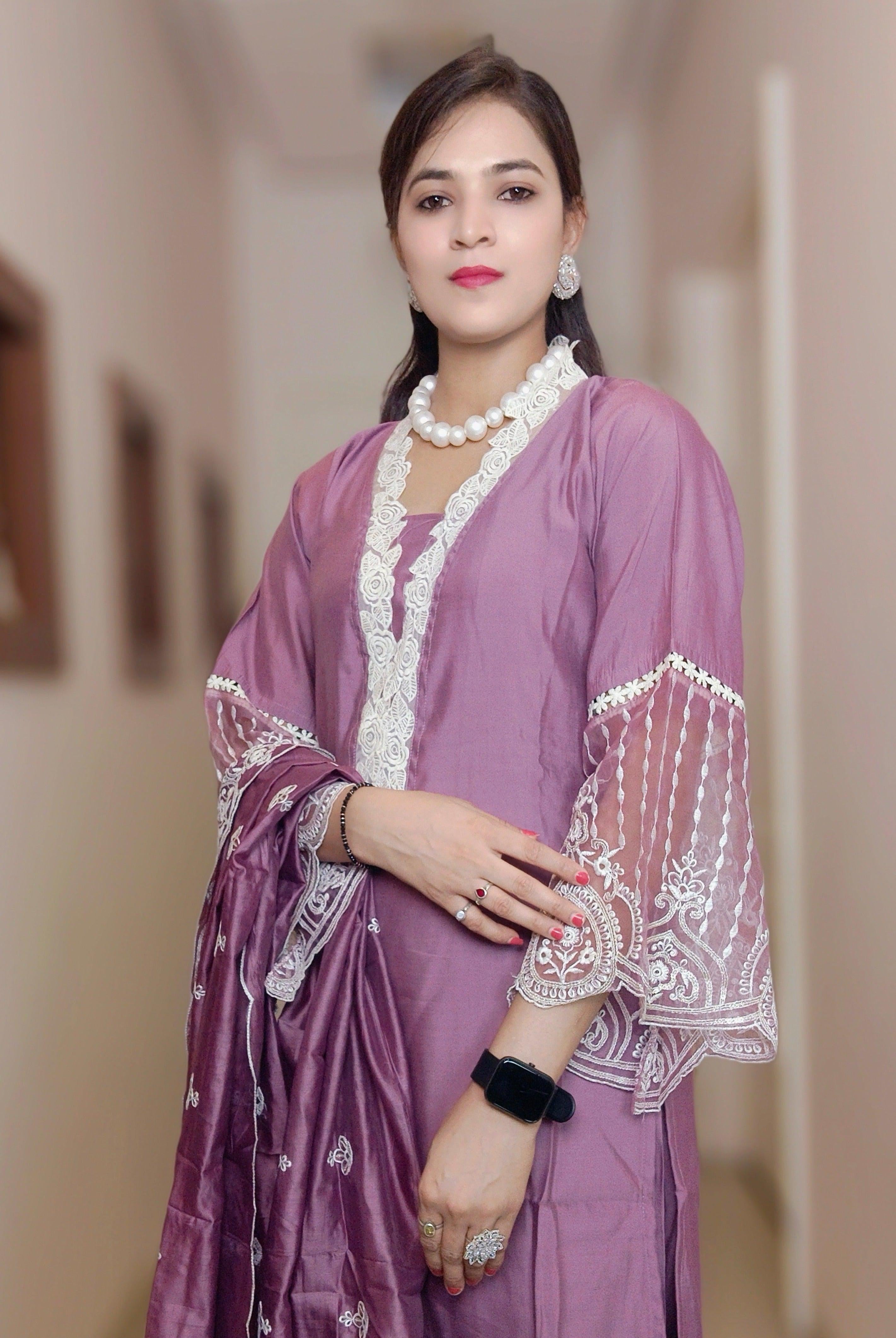 PURPLE EMBROIDERED RUSSIAN SILK SUIT - RajsiPoshak