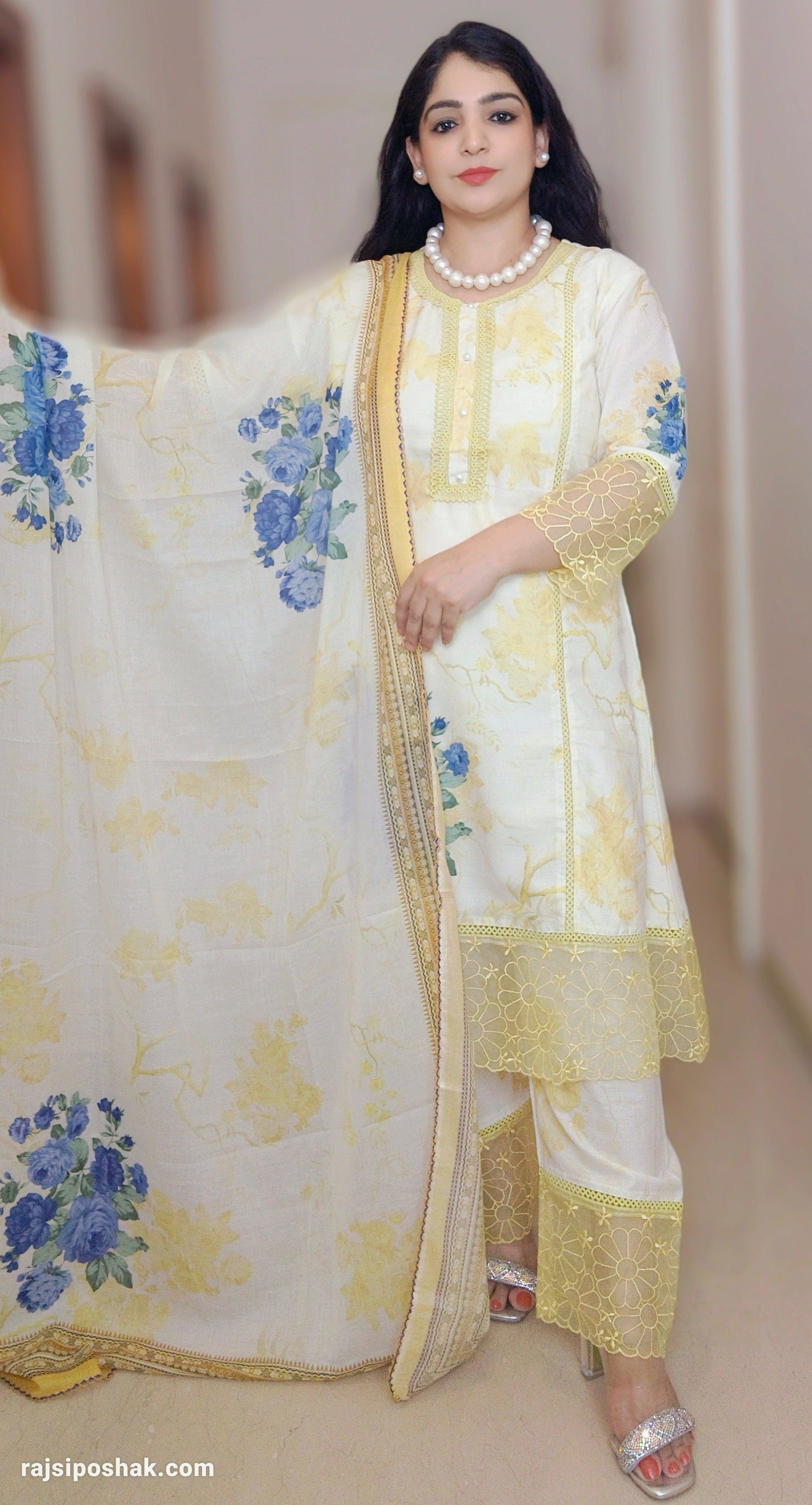 YELLOW COTTON FLORAL PRINT PAKISTANI SUIT C 12061 - RajsiPoshak
