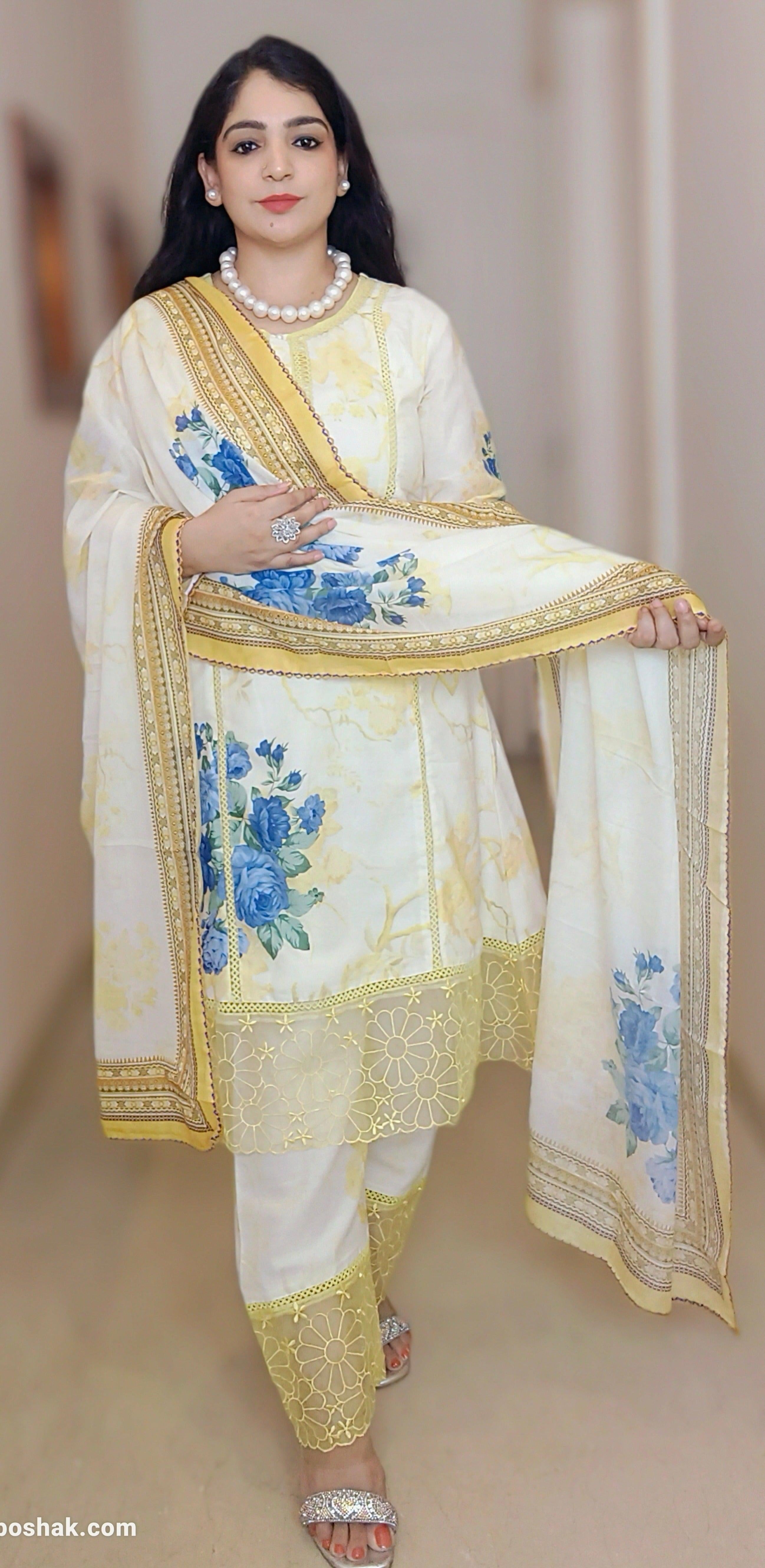 YELLOW COTTON FLORAL PRINT PAKISTANI SUIT C 12061 - RajsiPoshak