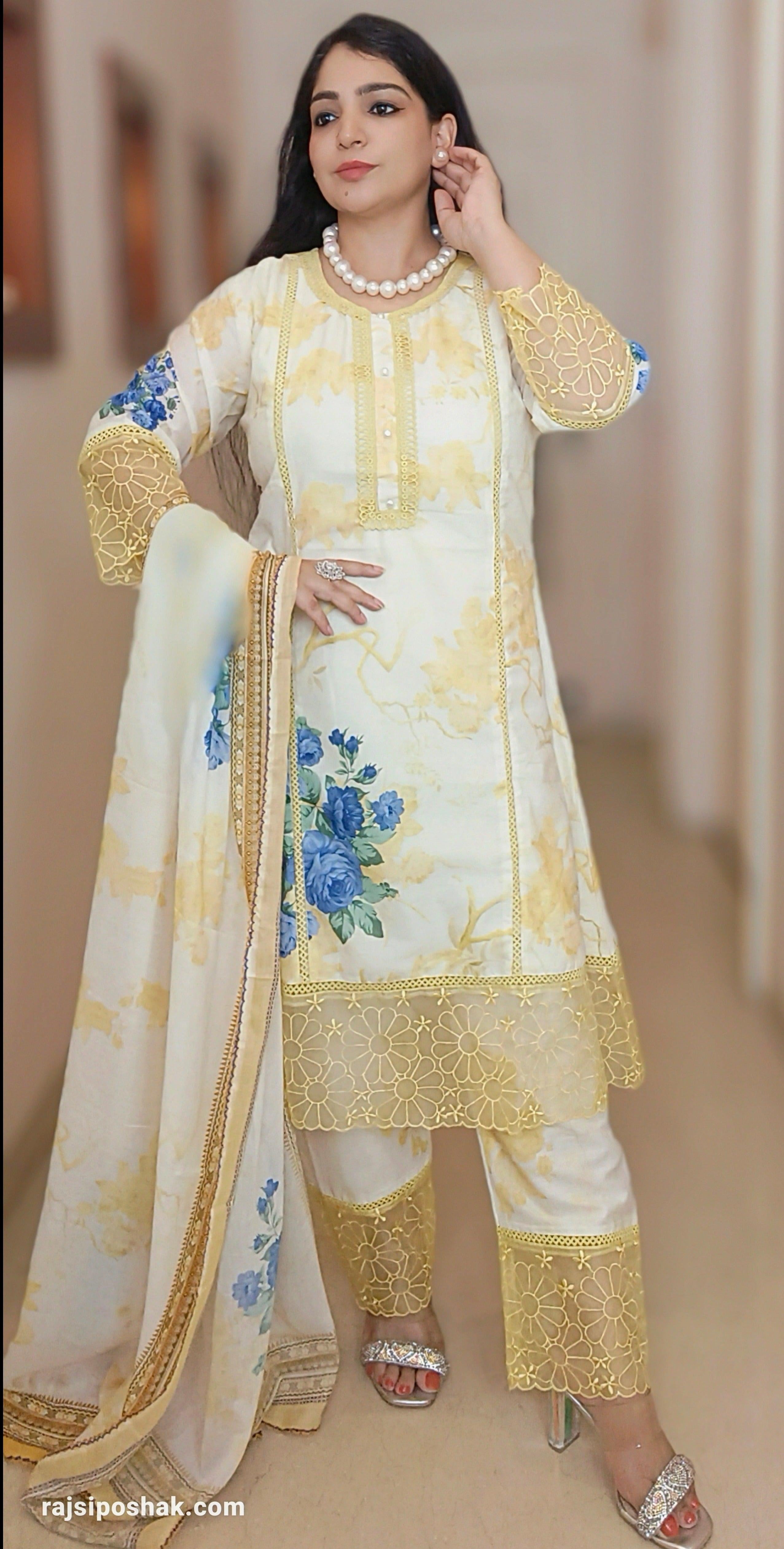 YELLOW COTTON FLORAL PRINT PAKISTANI SUIT C 12061 - RajsiPoshak