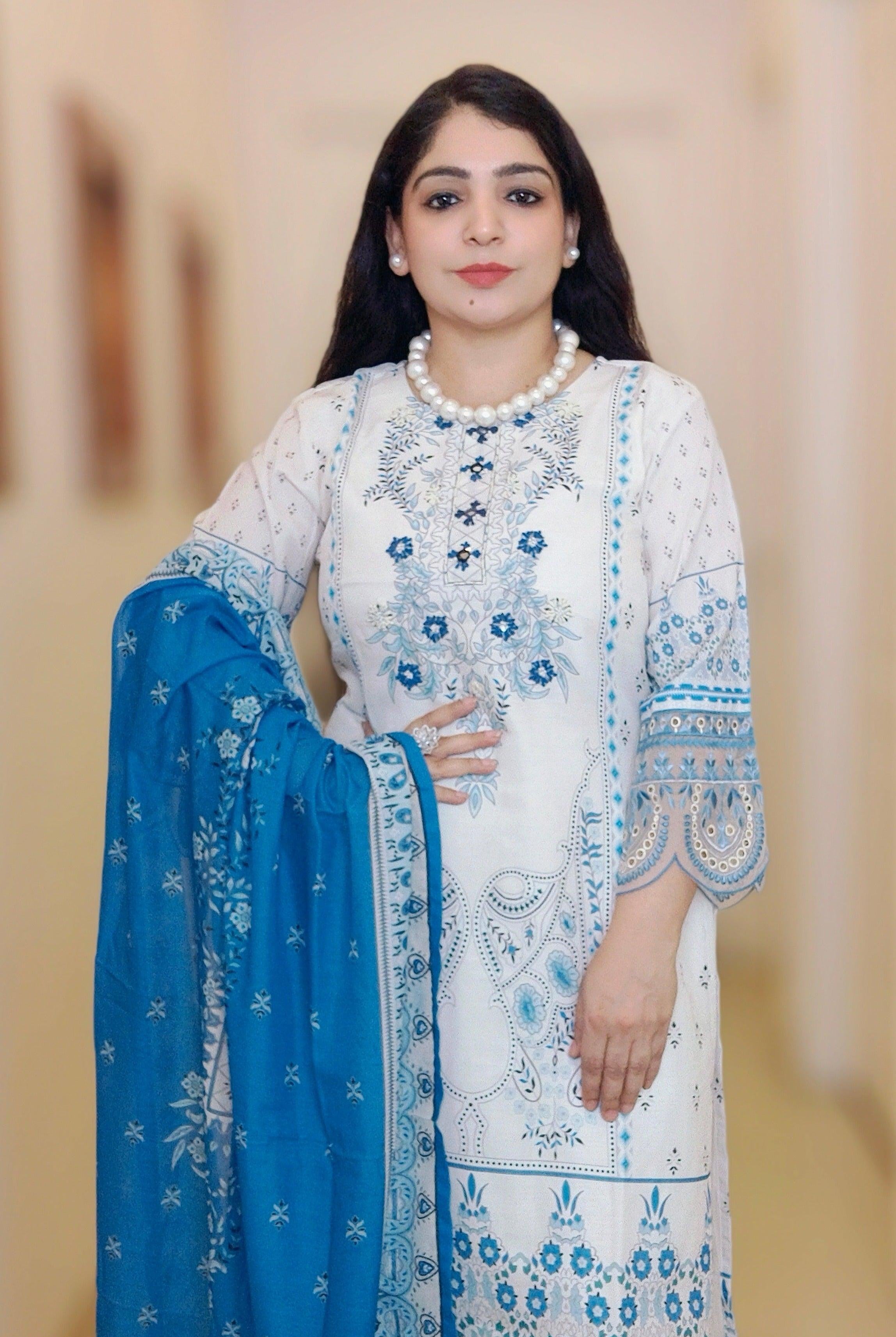 WHITE DIGITAL PRINTED MUSLIN SUIT M12063 - RajsiPoshak