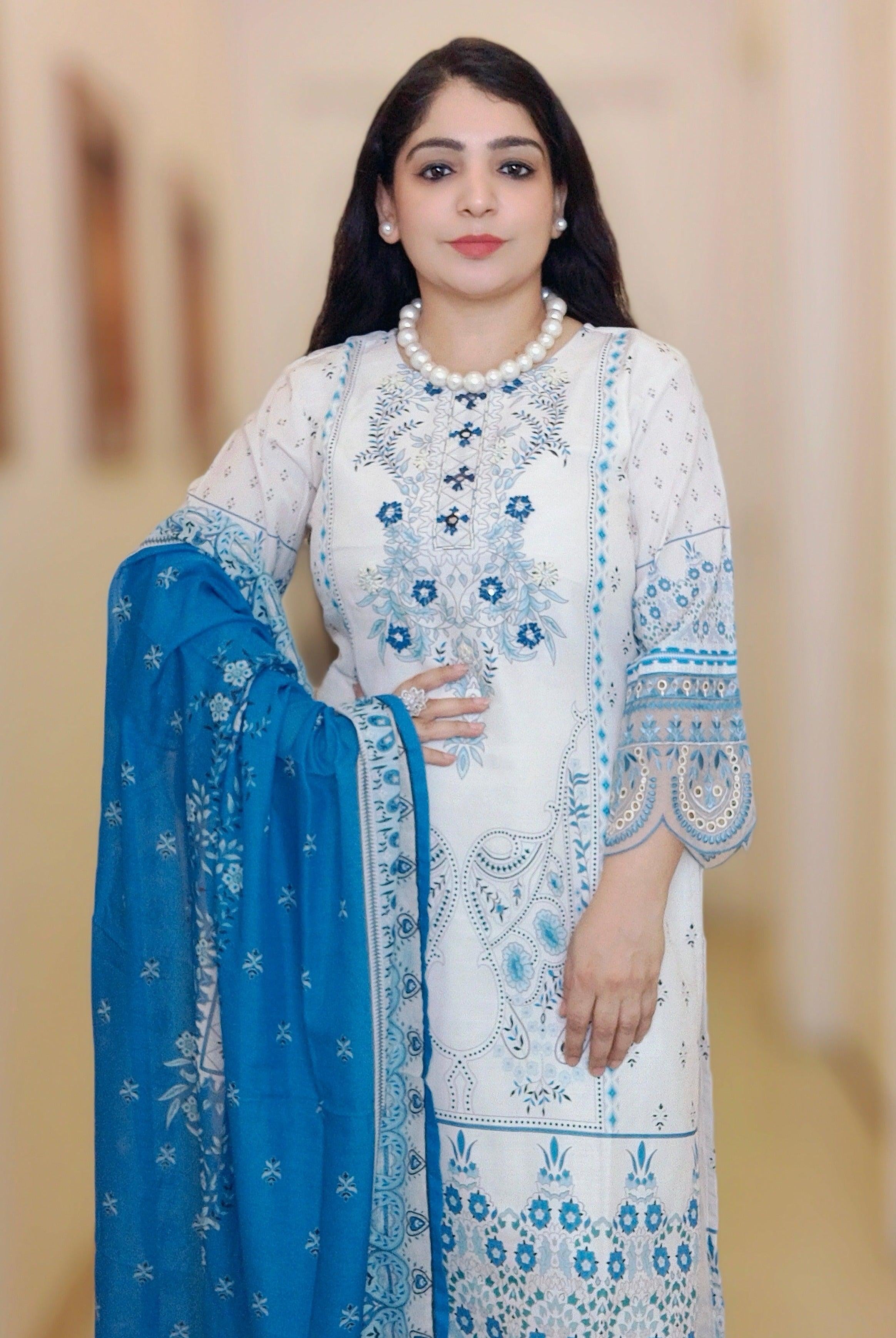 WHITE DIGITAL PRINTED MUSLIN SUIT M12063 - RajsiPoshak