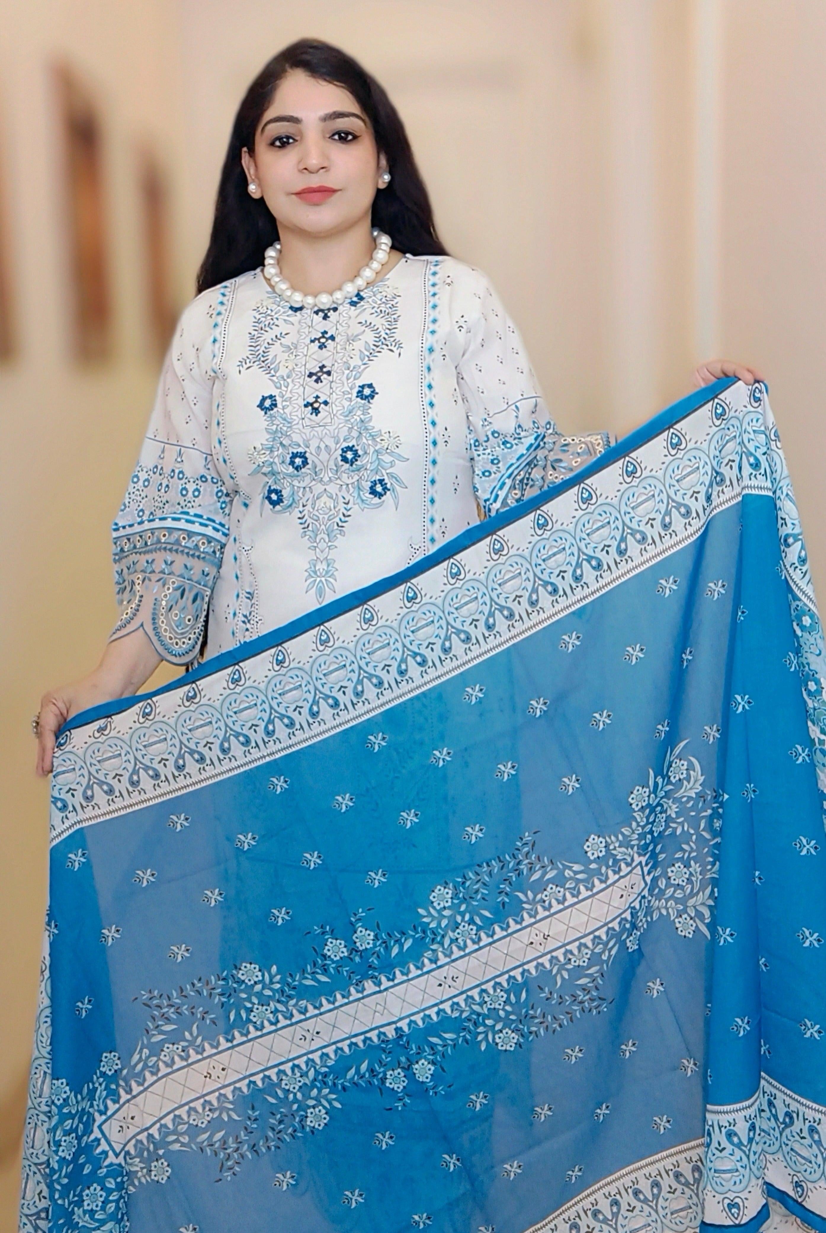 WHITE DIGITAL PRINTED MUSLIN SUIT M12063 - RajsiPoshak