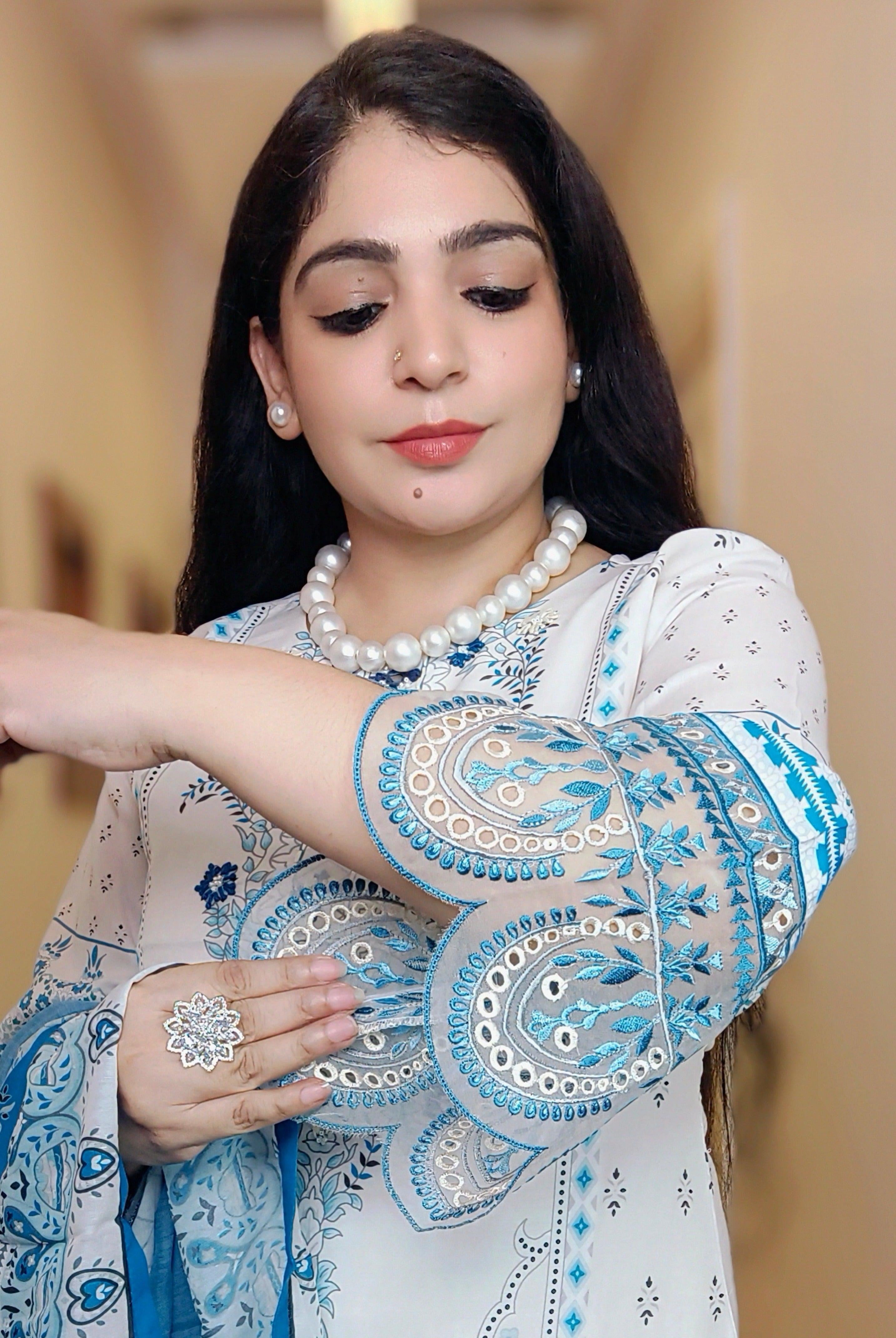 WHITE DIGITAL PRINTED MUSLIN SUIT M12063 - RajsiPoshak