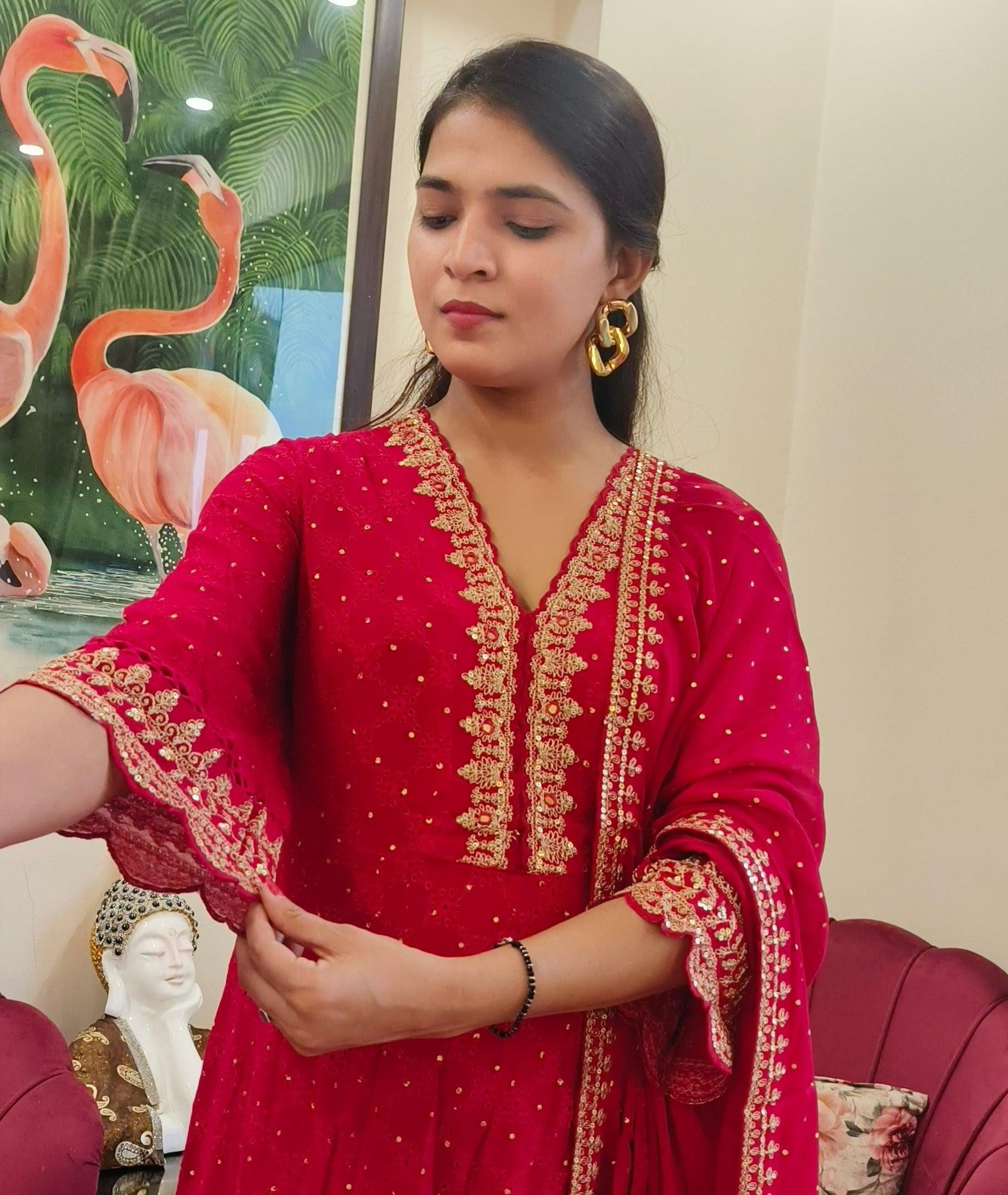 FIROZI/HOT PINK GEORGETTE ANARKALI WITH CHINON DUPATTA 7606 - RajsiPoshak