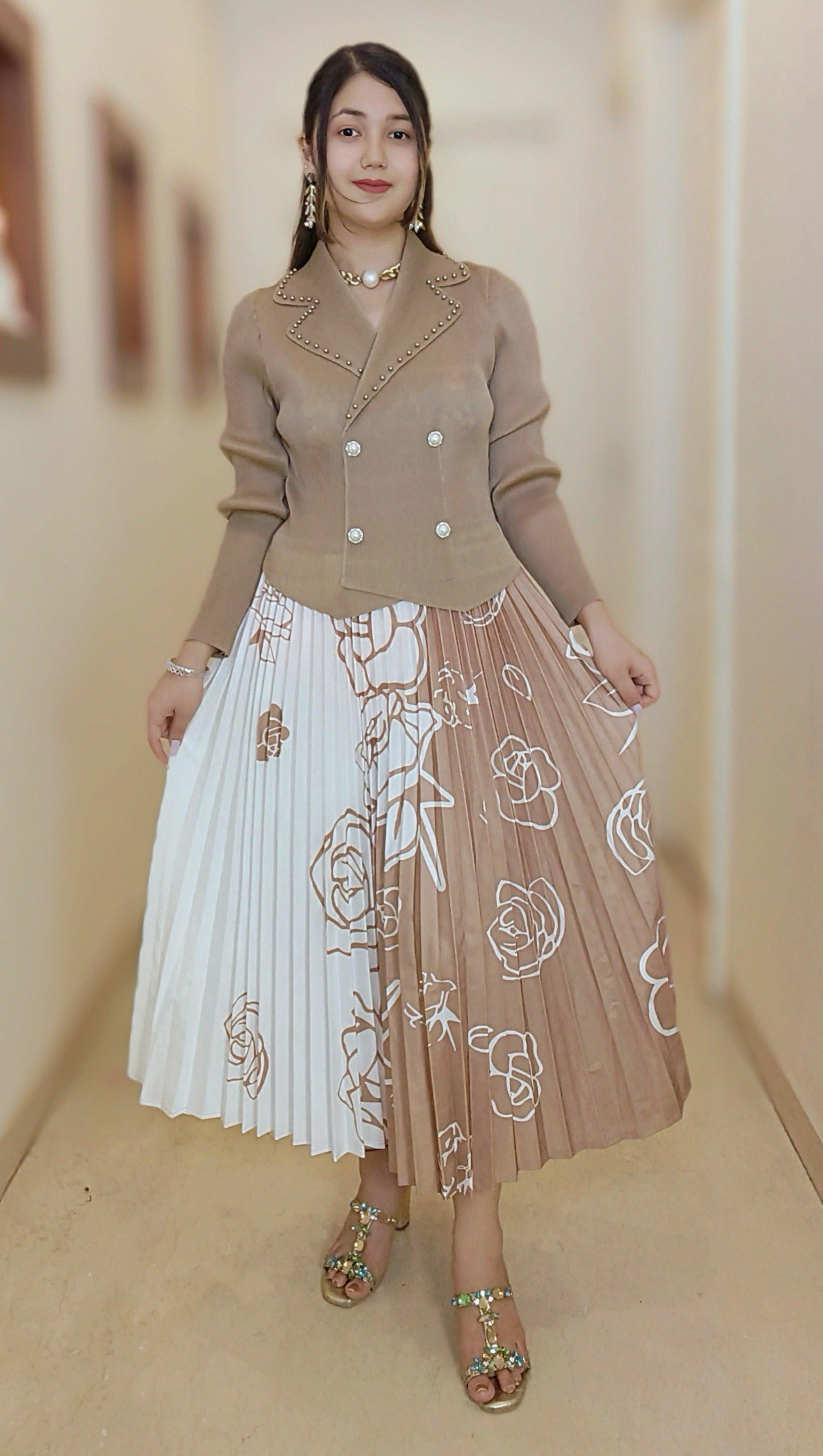 BROWN/WHITE IMPORTED FABRIC FRILL DRESS - RajsiPoshak