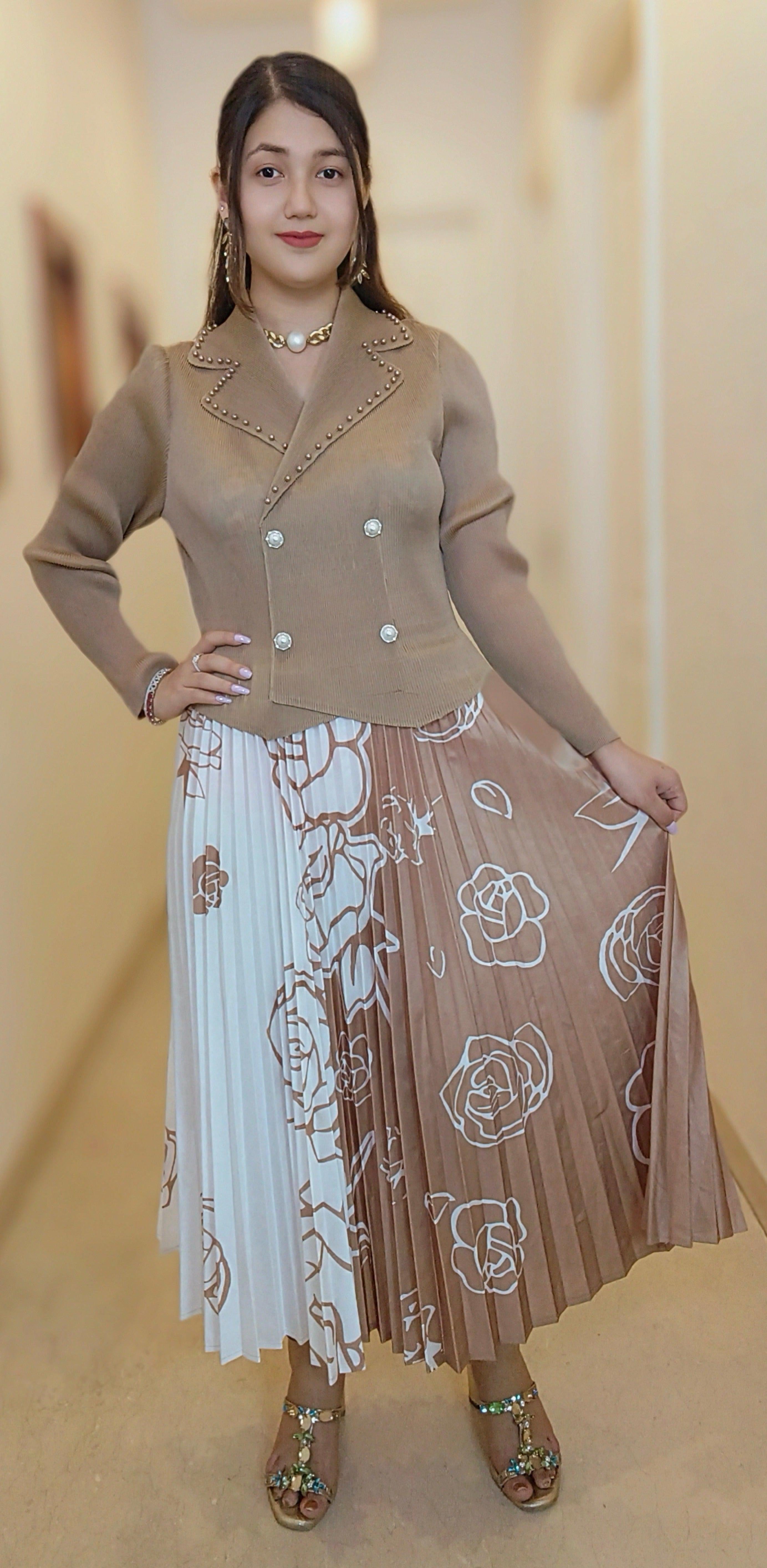 BROWN/WHITE IMPORTED FABRIC FRILL DRESS - RajsiPoshak