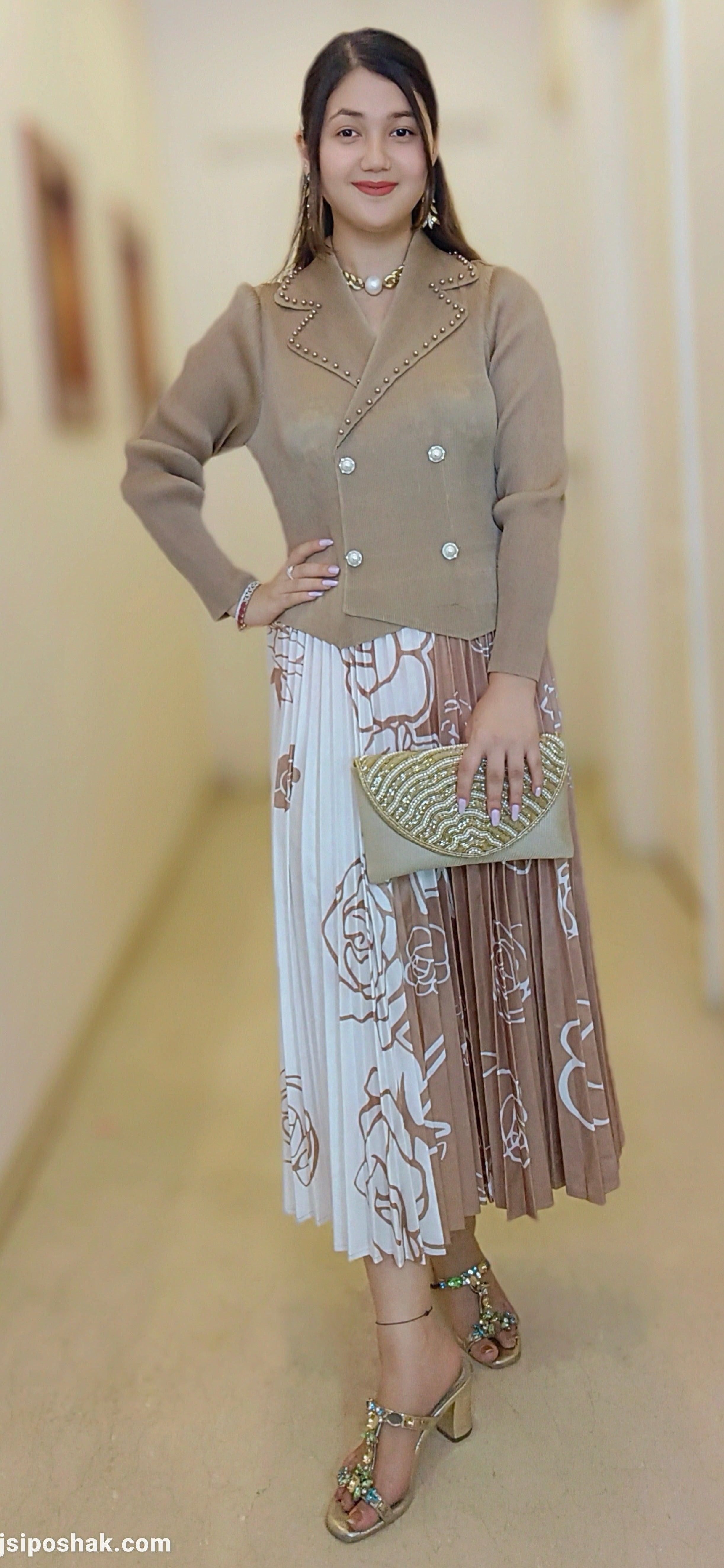 BROWN/WHITE IMPORTED FABRIC FRILL DRESS - RajsiPoshak