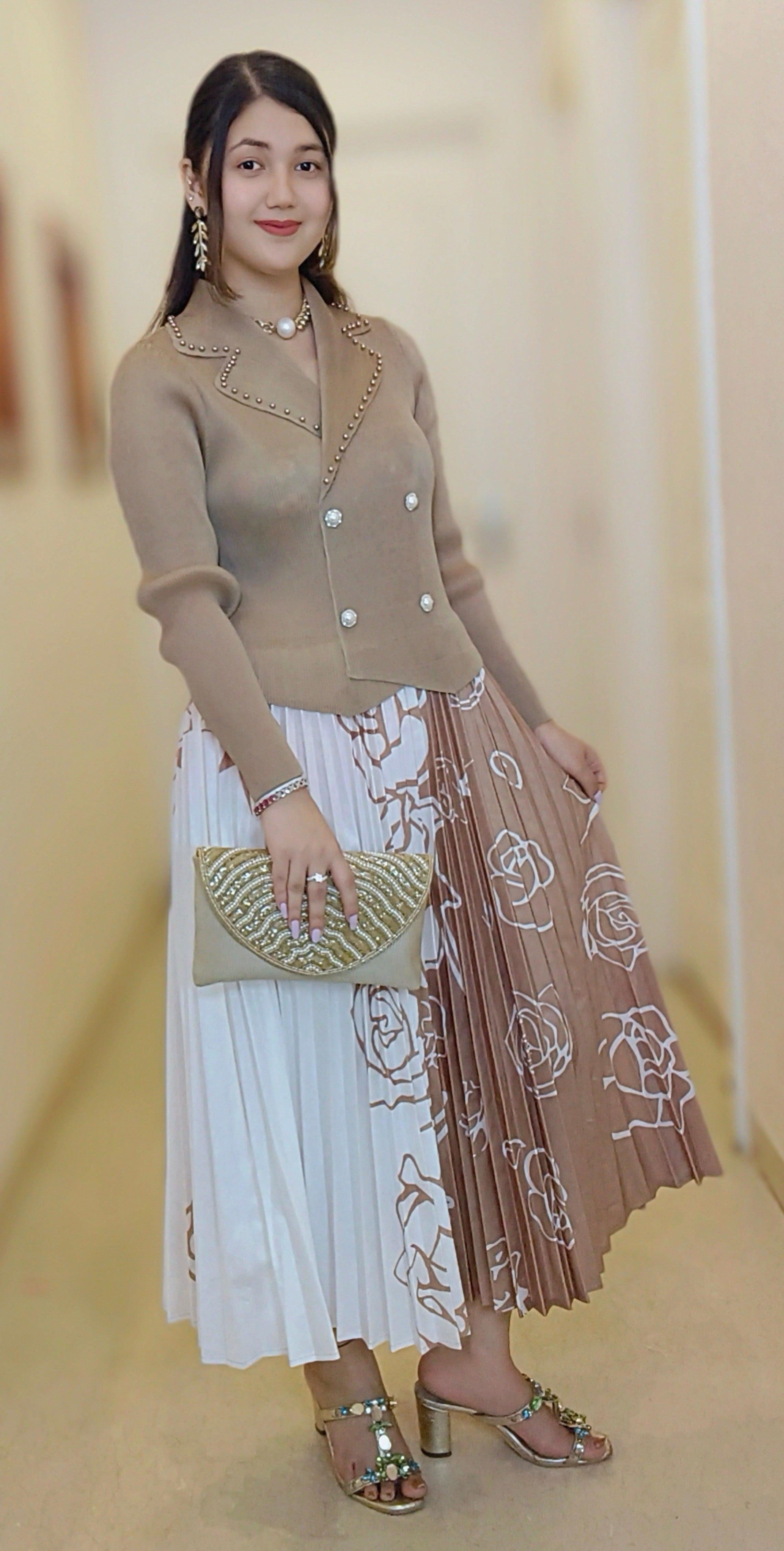 BROWN/WHITE IMPORTED FABRIC FRILL DRESS - RajsiPoshak