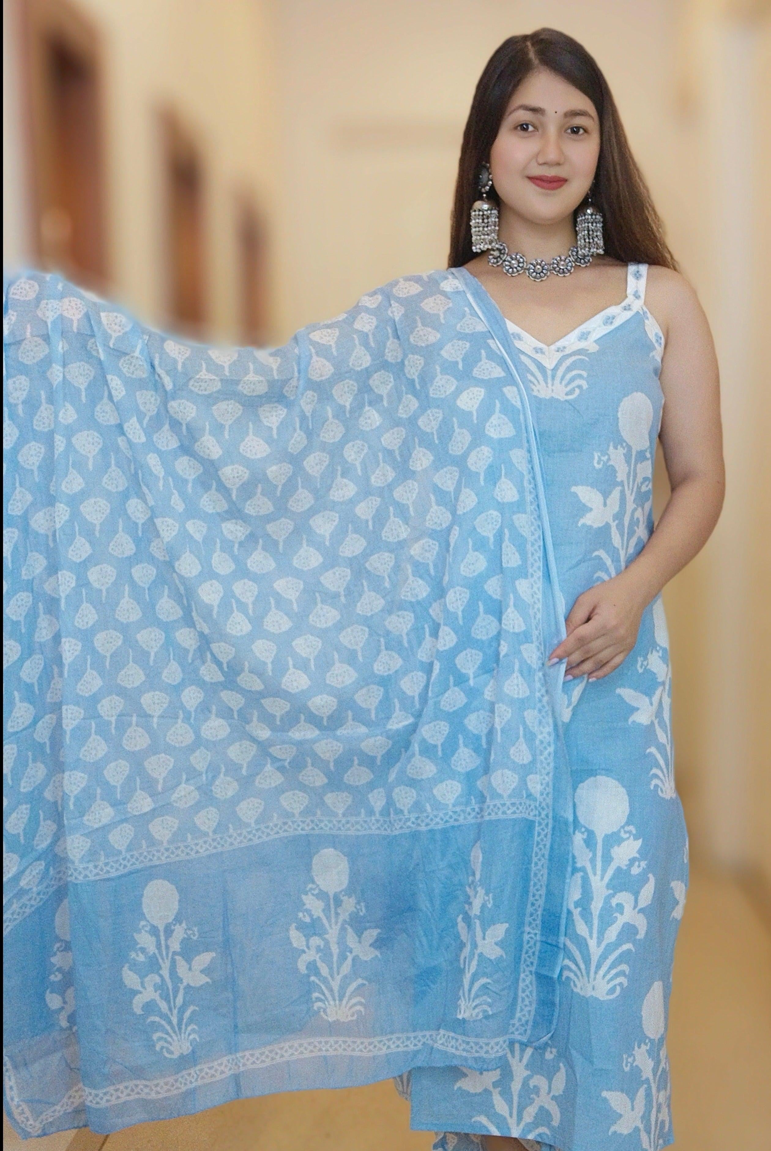 SKY BLUE & PURPLE PURE COTTON DESIGNER SUIT - RajsiPoshak