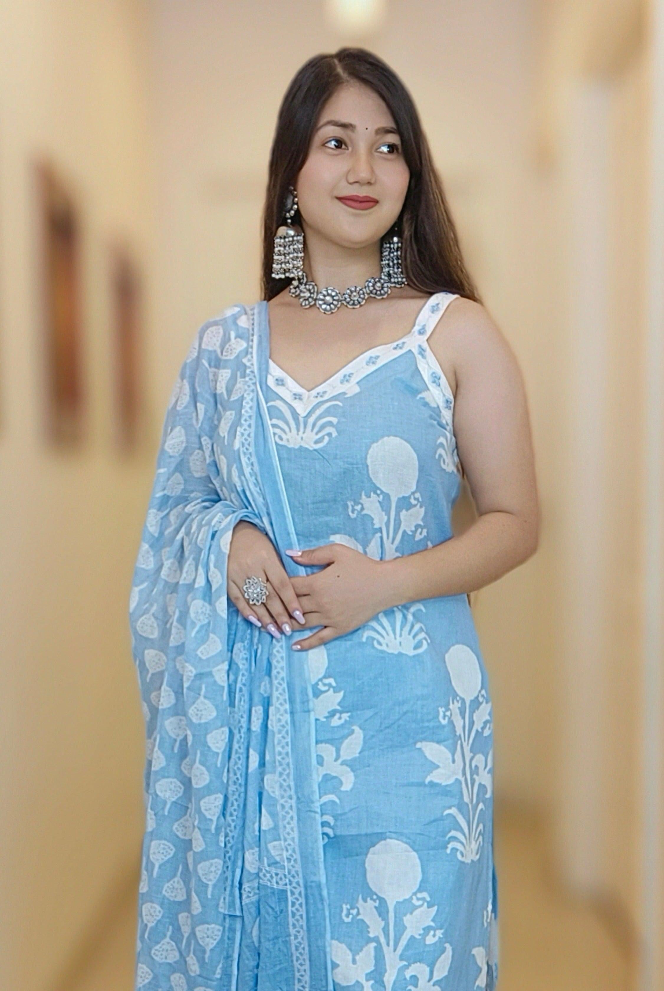 SKY BLUE & PURPLE PURE COTTON DESIGNER SUIT - RajsiPoshak