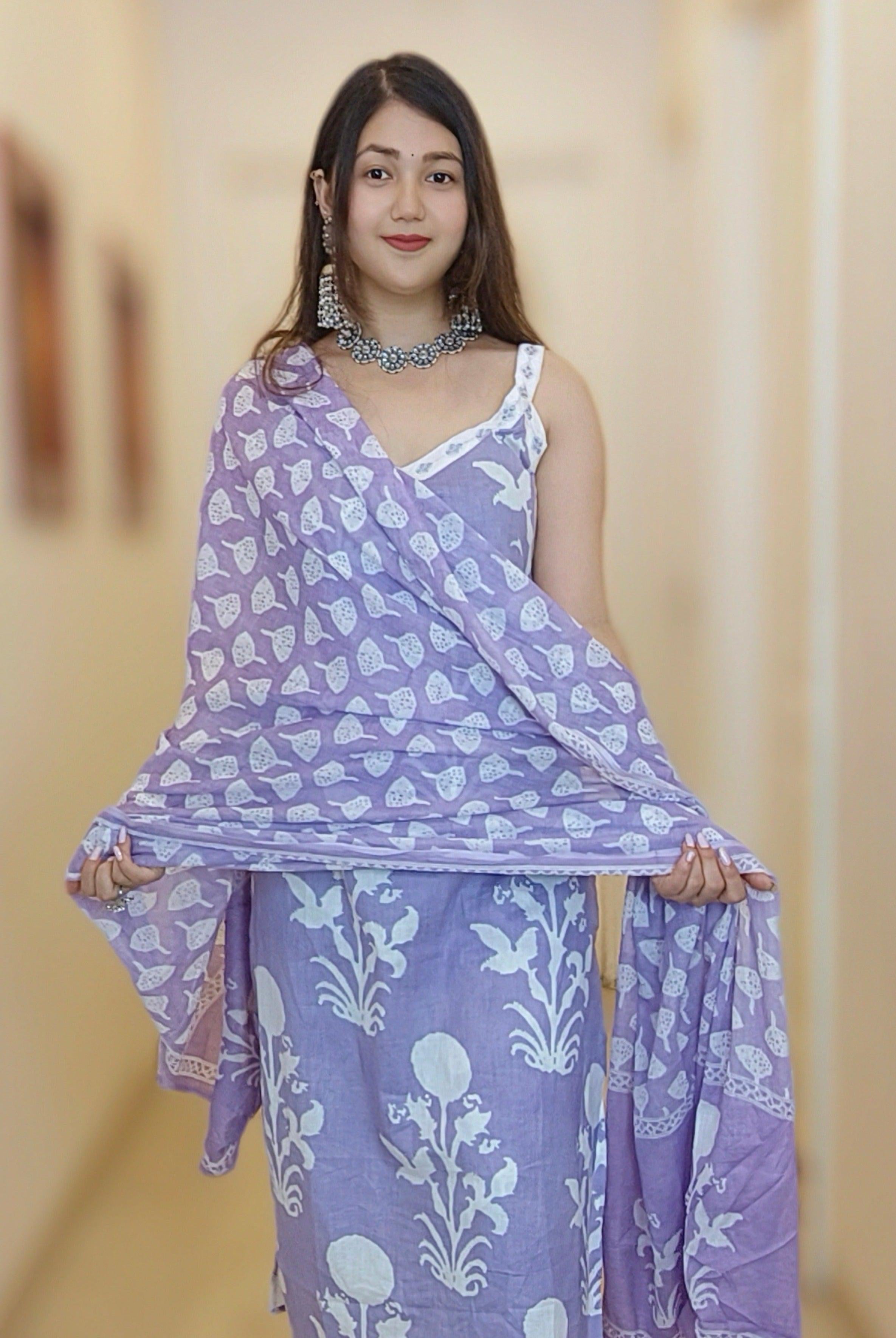 SKY BLUE & PURPLE PURE COTTON DESIGNER SUIT - RajsiPoshak