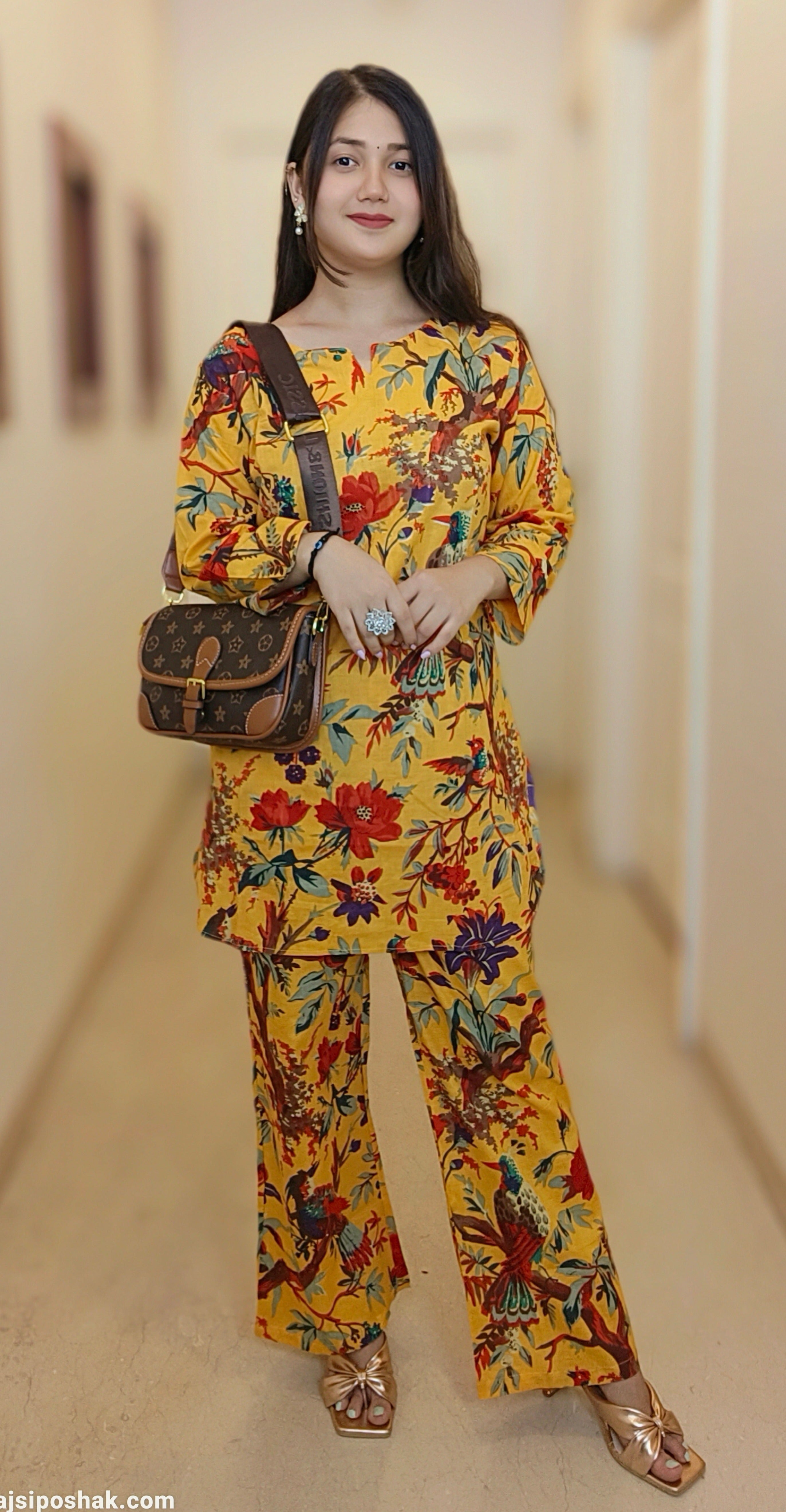 YELLOW & BLUE COTTON FLORAL COORD SET - RajsiPoshak