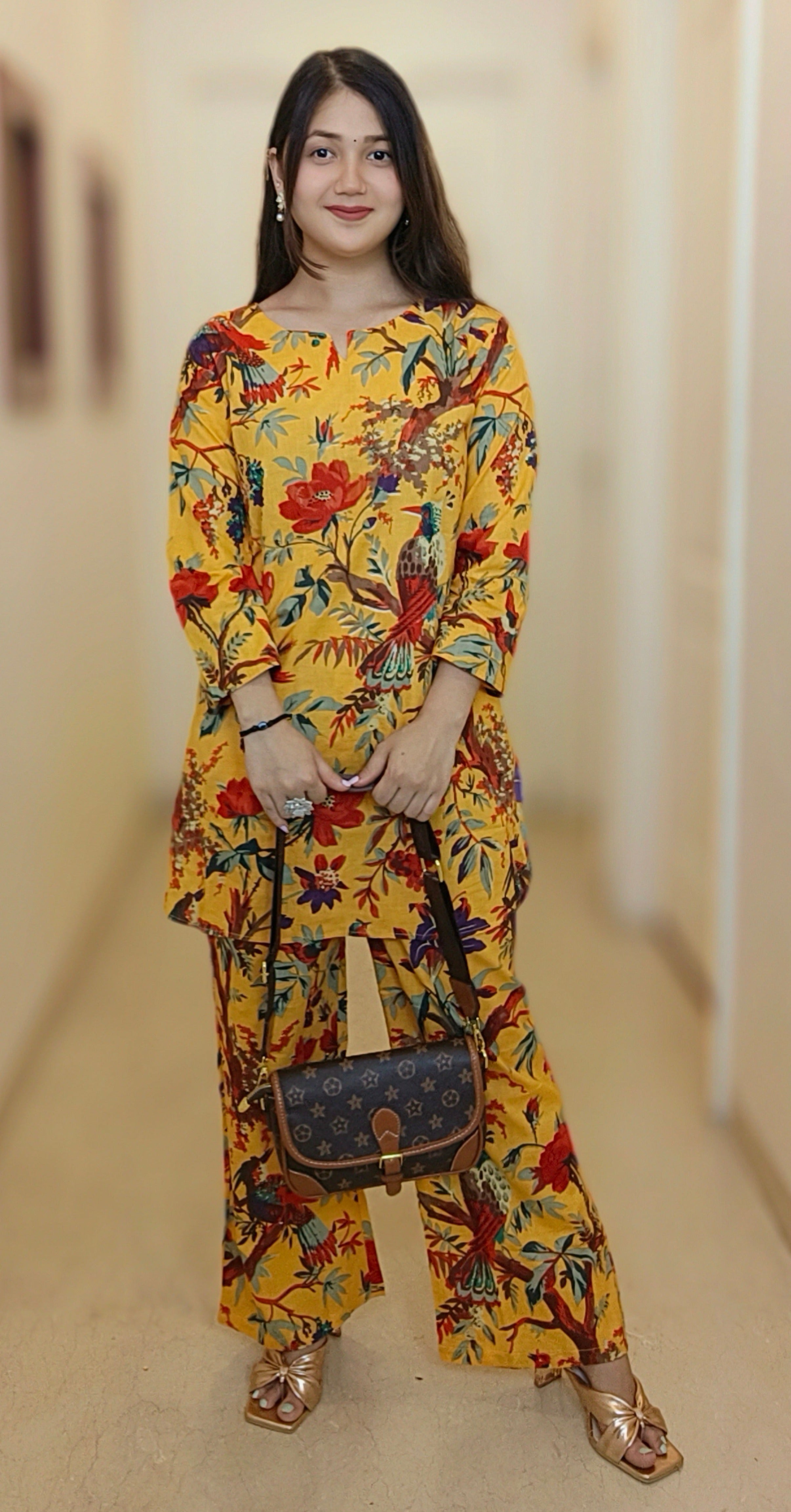 YELLOW & BLUE COTTON FLORAL COORD SET - RajsiPoshak