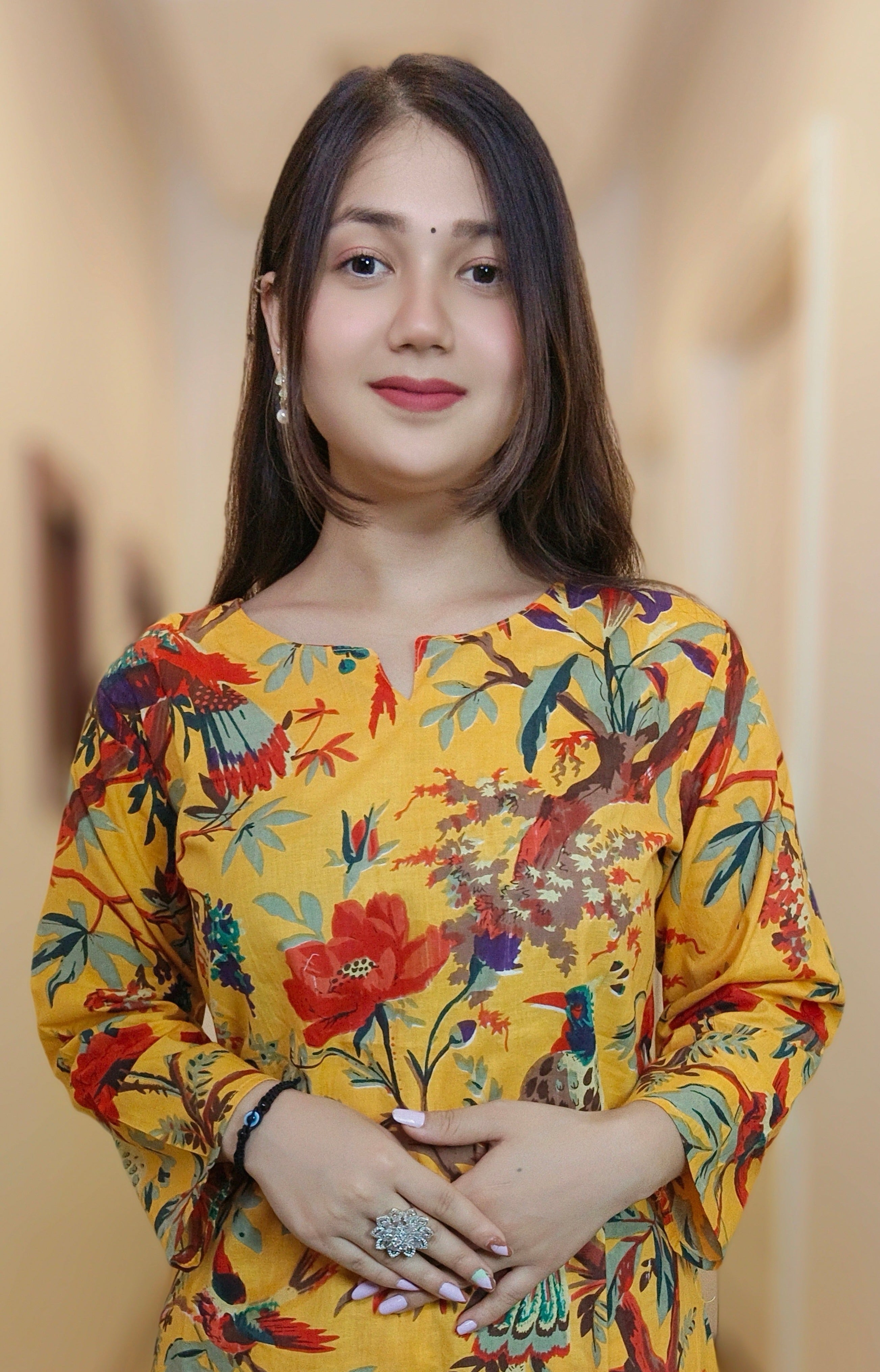 YELLOW & BLUE COTTON FLORAL COORD SET - RajsiPoshak